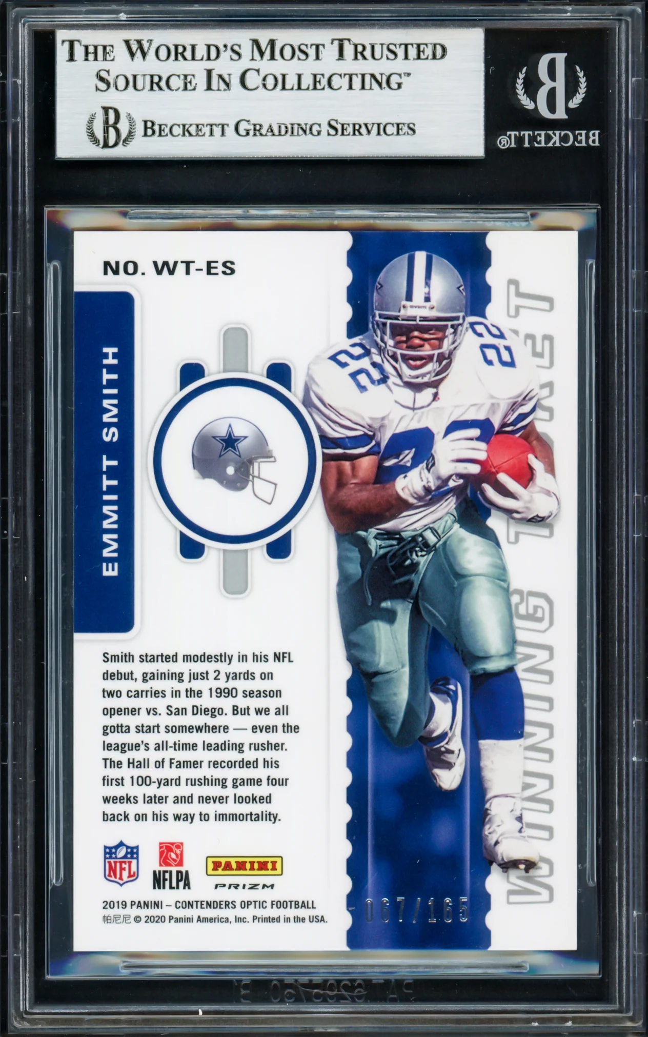 Emmitt Smith Autographed 2019 Panini Contenders Optic Winning Tickets Card #15 Dallas Cowboys #67/165 Beckett BAS #16901363 - Image 2