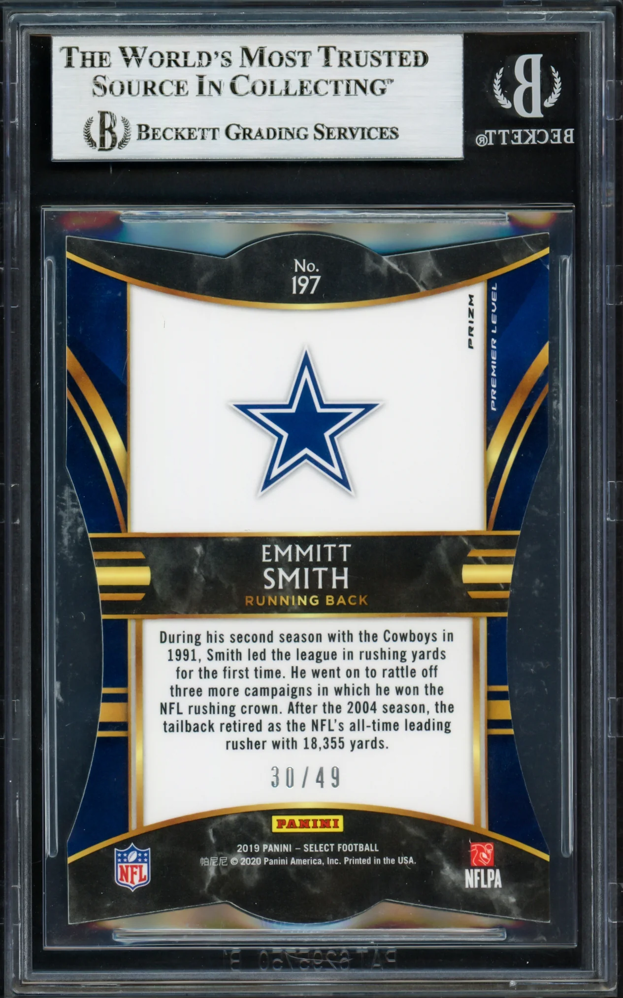 Emmitt Smith Autographed 2019 Select Prizms Neon Green Die Cut Card #197 Dallas Cowboys #30/49 Beckett BAS #16901138 - Image 2