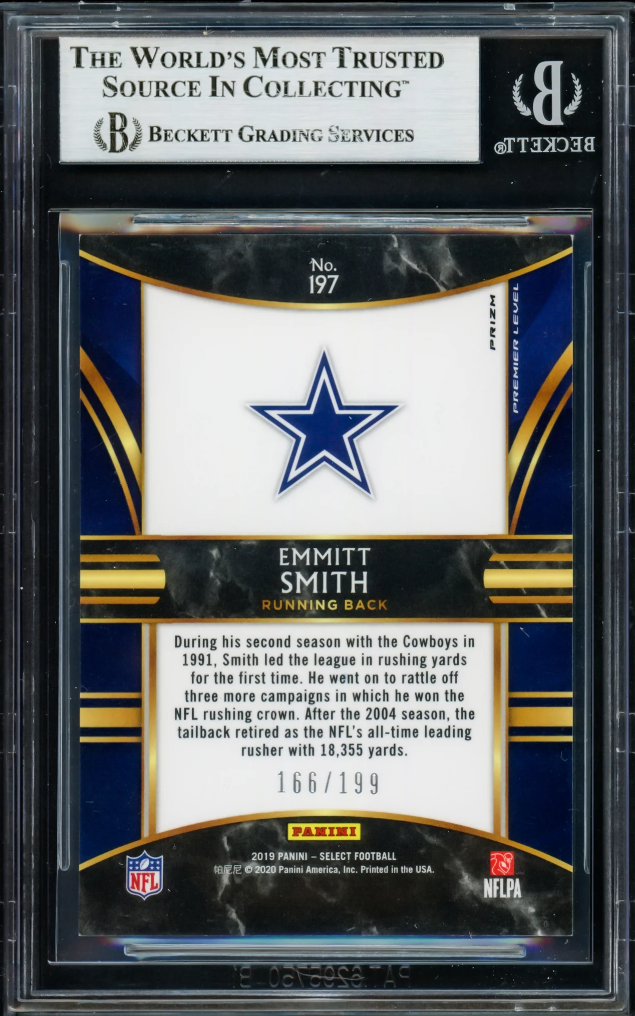 Emmitt Smith Autographed 2019 Select Prizms Tri-Color Card #197 Dallas Cowboys #166/199 Beckett BAS #16900756 - Image 2
