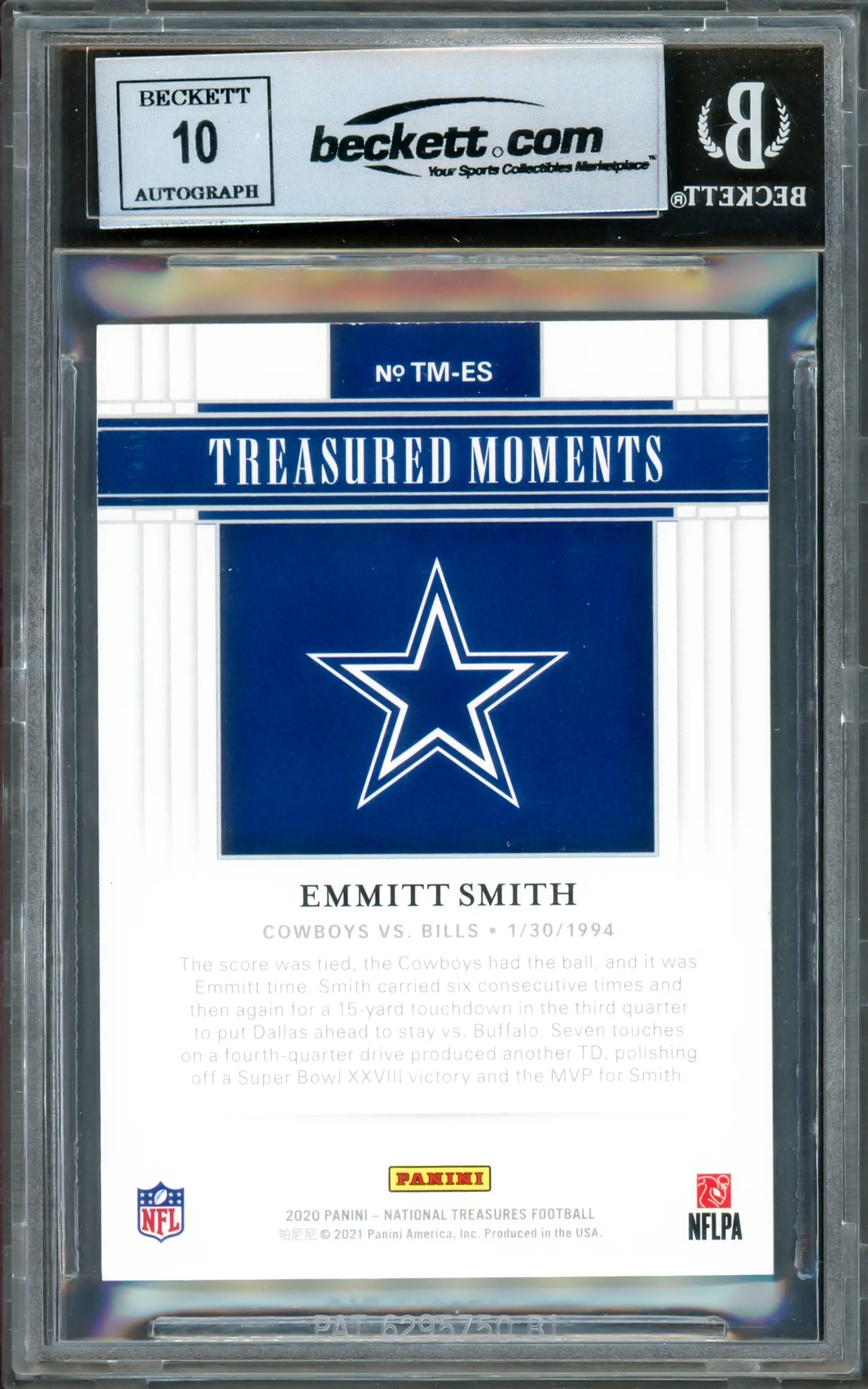 Emmitt Smith Autographed 2020 National Treasures Treasured Moments Card #48 Dallas Cowboys Auto Grade Gem Mint 10 #77/99 Beckett BAS #16898028 - Image 2