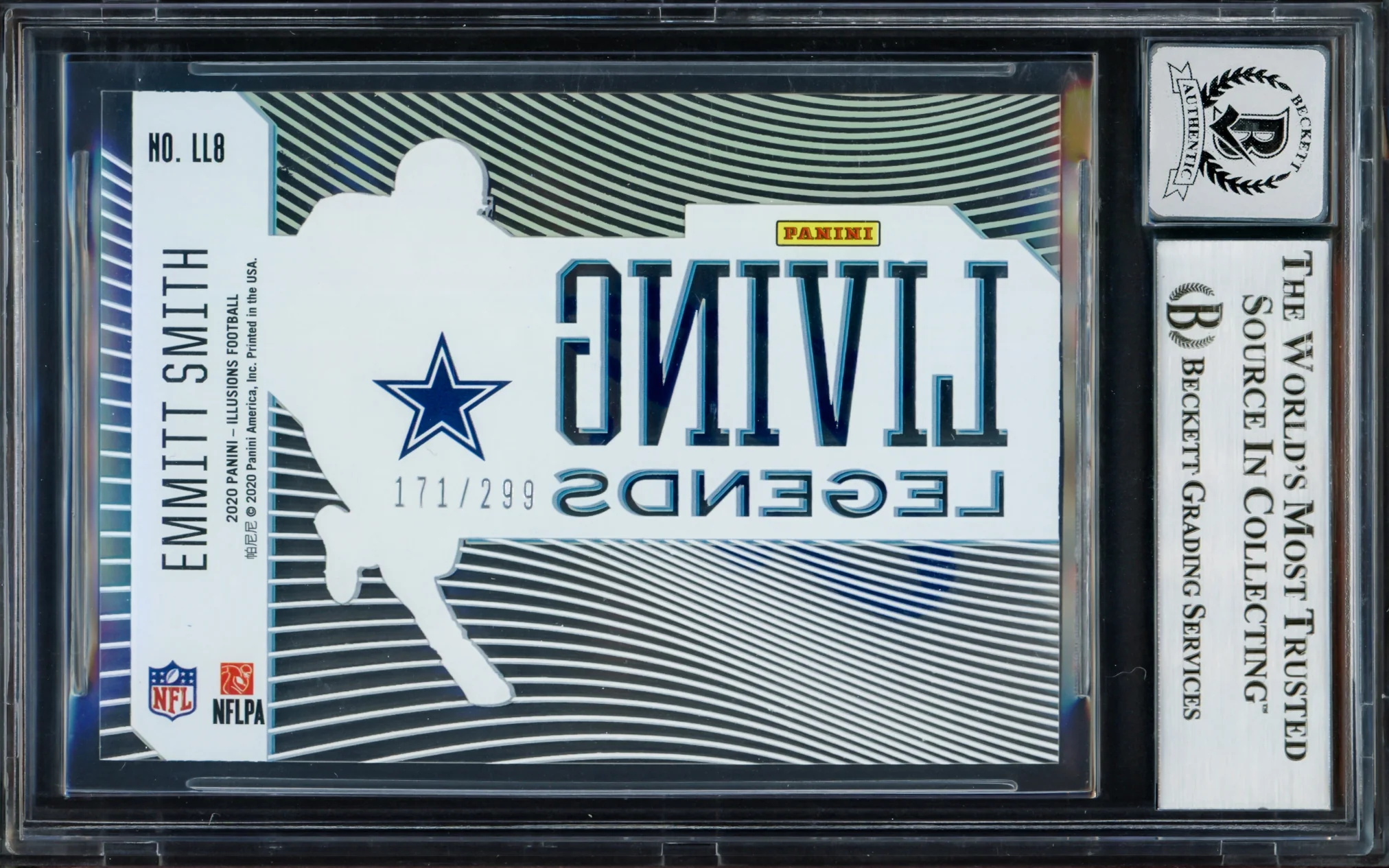 Emmitt Smith Autographed 2020 Panini Illusions Living Legends Light Blue Card #8 Dallas Cowboys Auto Grade Gem Mint 10 #171/299 Beckett BAS #16898198 - Image 2