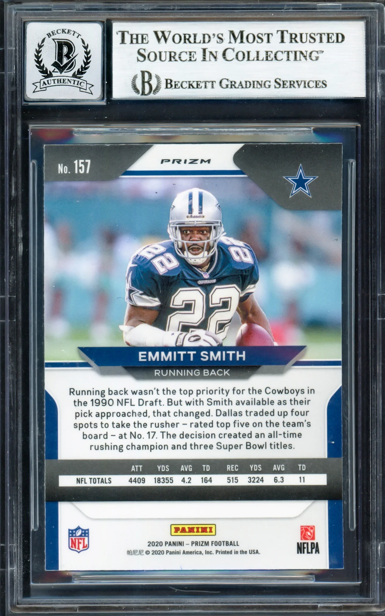 Emmitt Smith Autographed 2020 Panini Prizm Prizms Red White & Blue Card #157 Dallas Cowboys Auto Grade Gem Mint 10 Beckett BAS #16890435 - Image 2