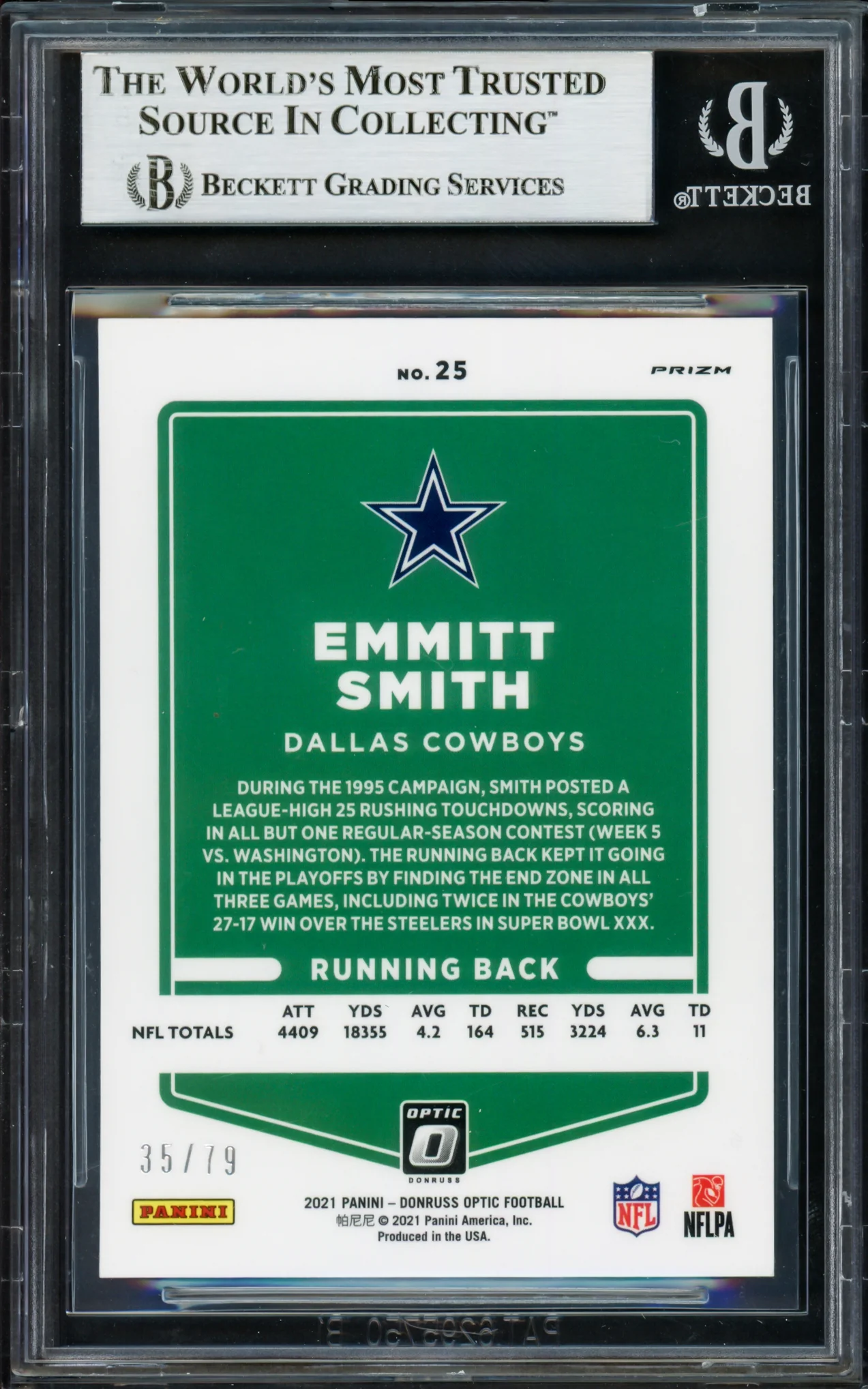 Emmitt Smith Autographed 2021 Donruss Optic Orange Scope Card #25 Dallas Cowboys #35/79 Beckett BAS #16901141 - Image 2