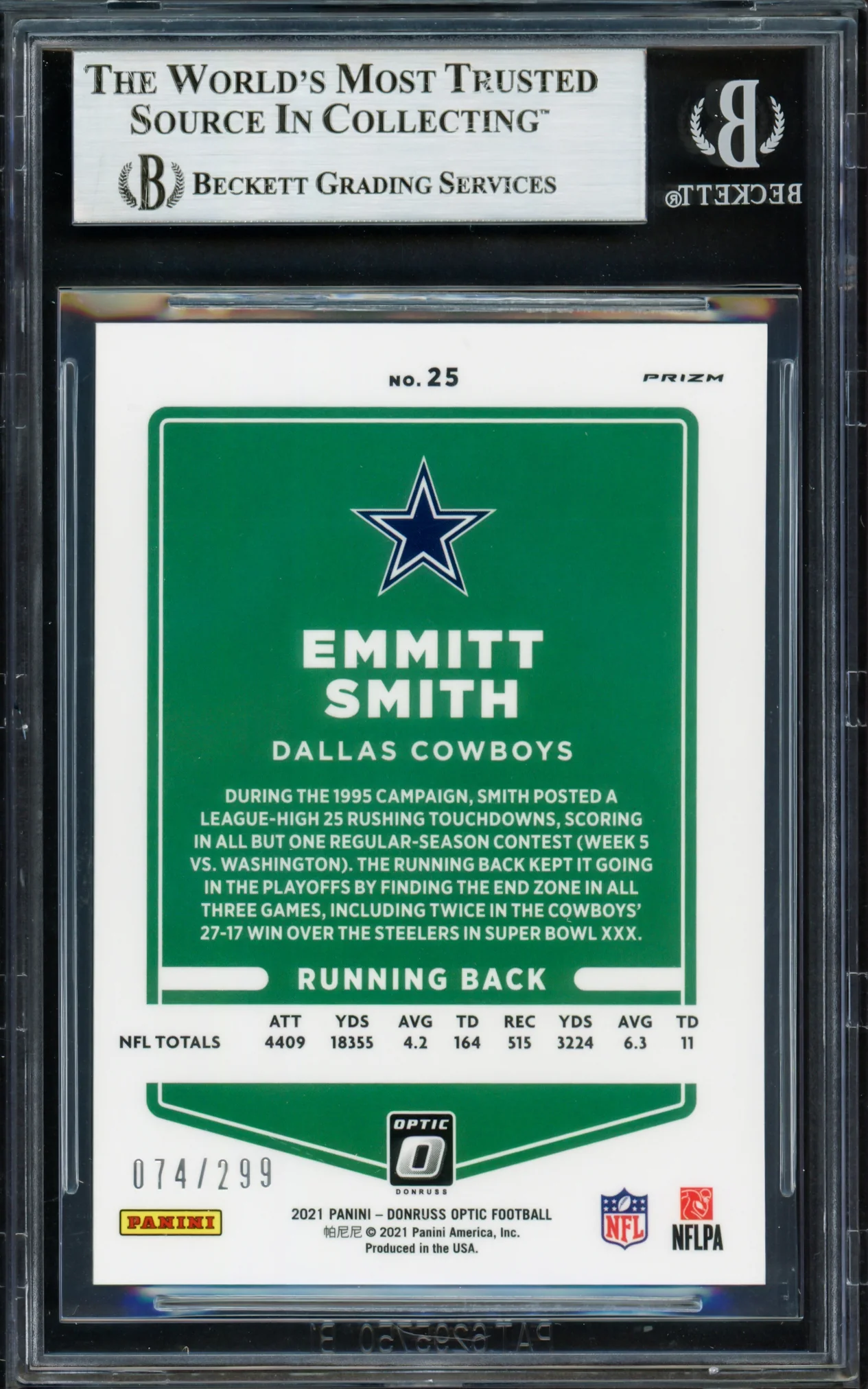 Emmitt Smith Autographed 2021 Donruss Optic Wave Card #25 Dallas Cowboys #/299 Beckett BAS Stock #233600 - Image 2