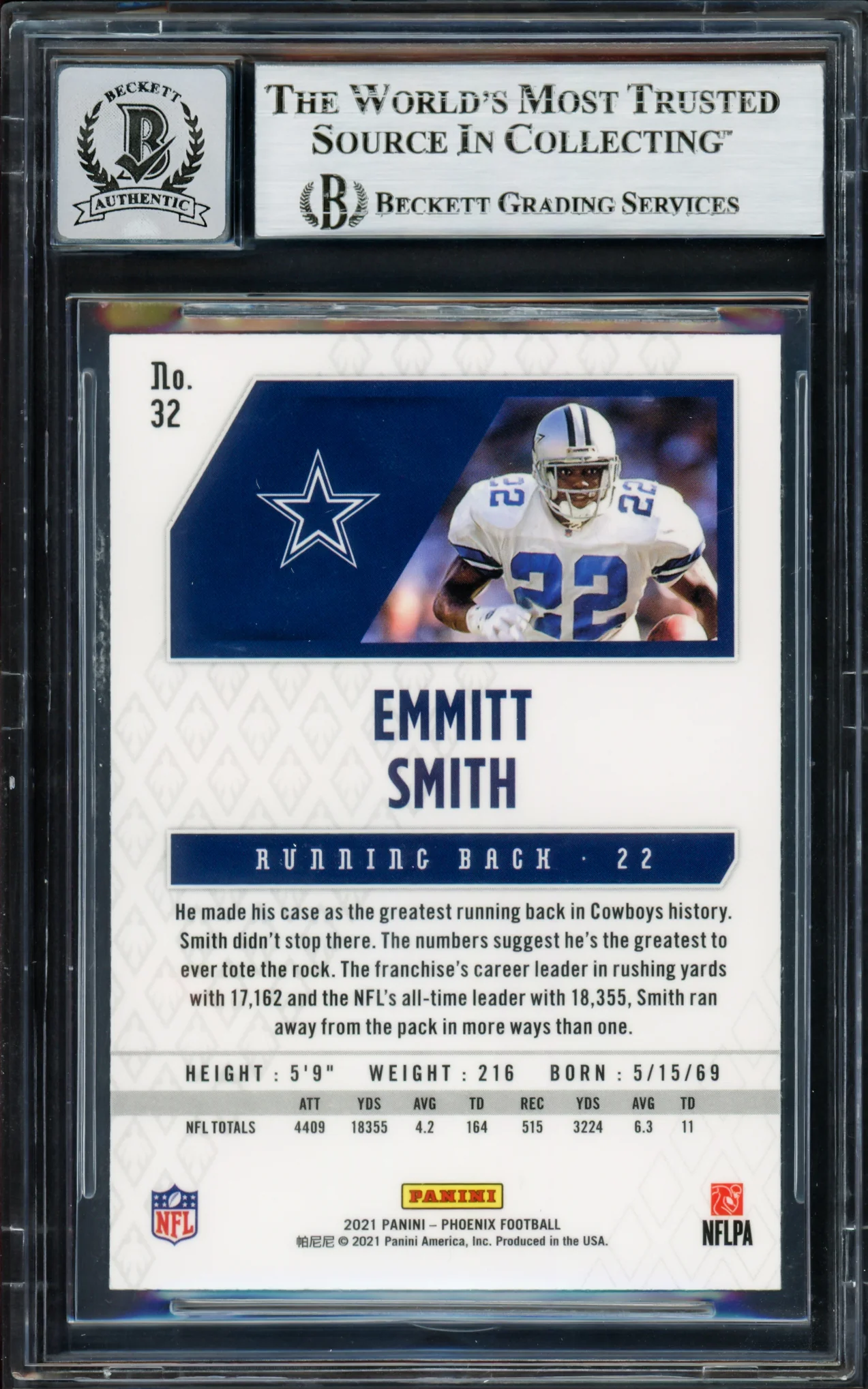 Emmitt Smith Autographed 2021 Panini Phoenix Fire Burst Card #32 Dallas Cowboys Auto Grade Gem Mint 10 Beckett BAS #16891857 - Image 2