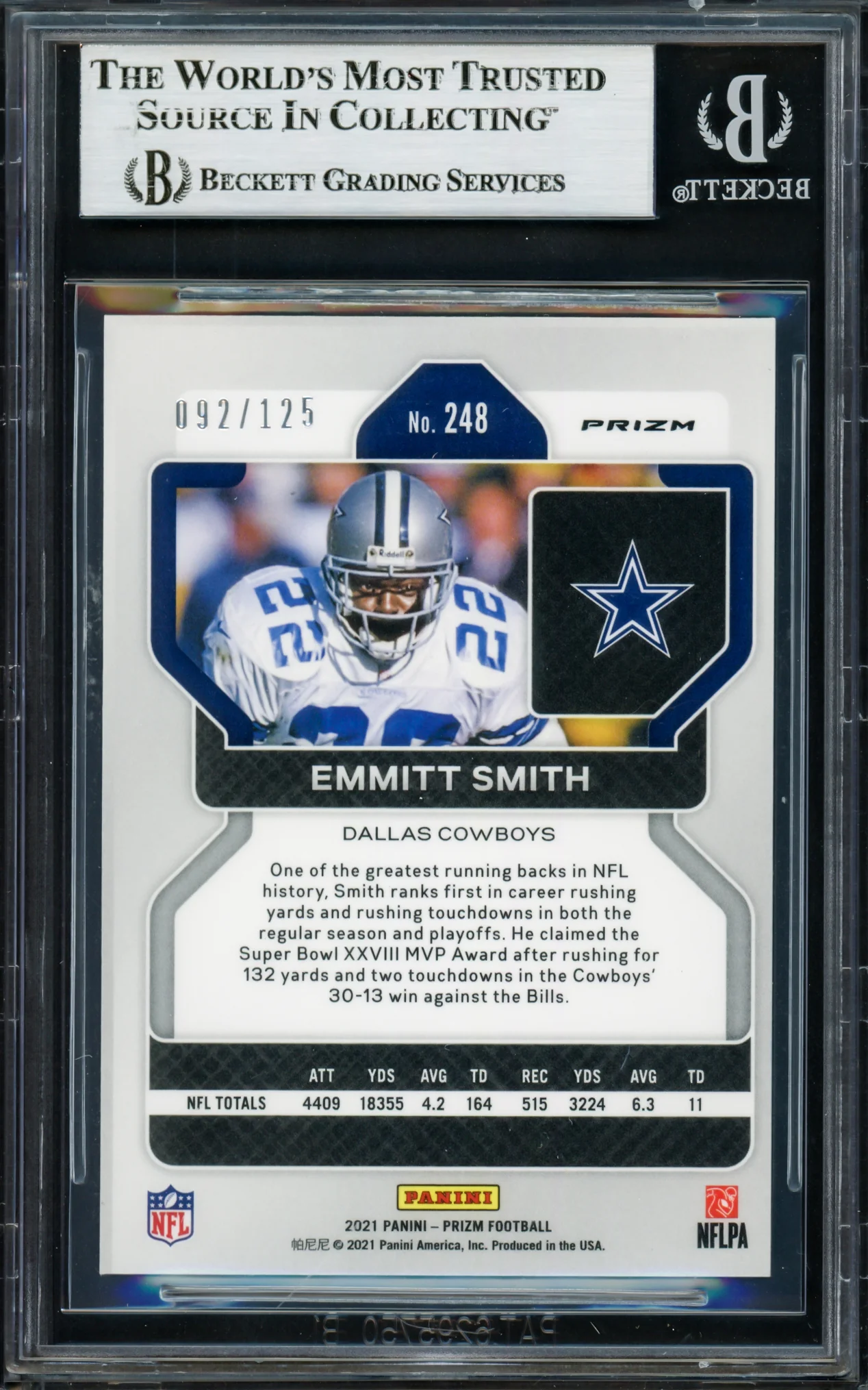 Emmitt Smith Autographed 2021 Panini Prizm Prizms Purple Card #248 Dallas Cowboys #92/125 Beckett BAS #16900754 - Image 2