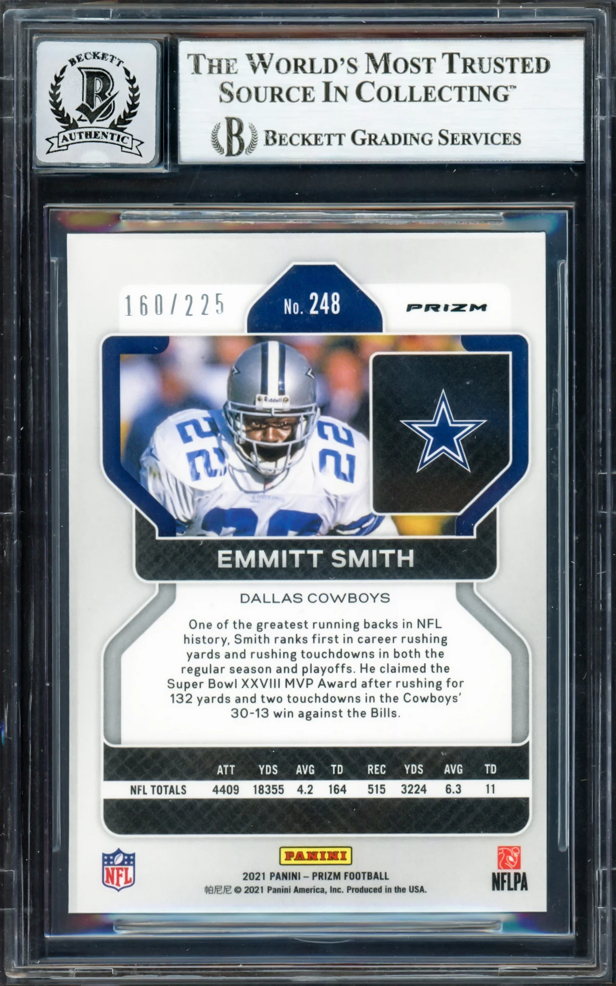 Emmitt Smith Autographed 2021 Panini Prizm Prizms Purple Ice Card #248 Dallas Cowboys Auto Grade Gem Mint 10 #160/225 Beckett BAS #16891034 - Image 2