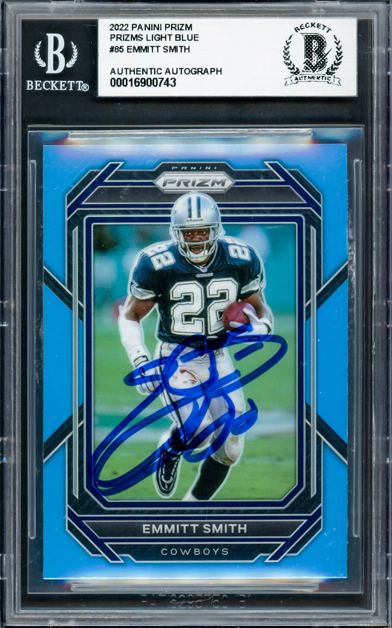 Emmitt Smith Autographed 2022 Panini Prizm Prizms Light Blue Card #85 Dallas Cowboys Beckett BAS #16900743