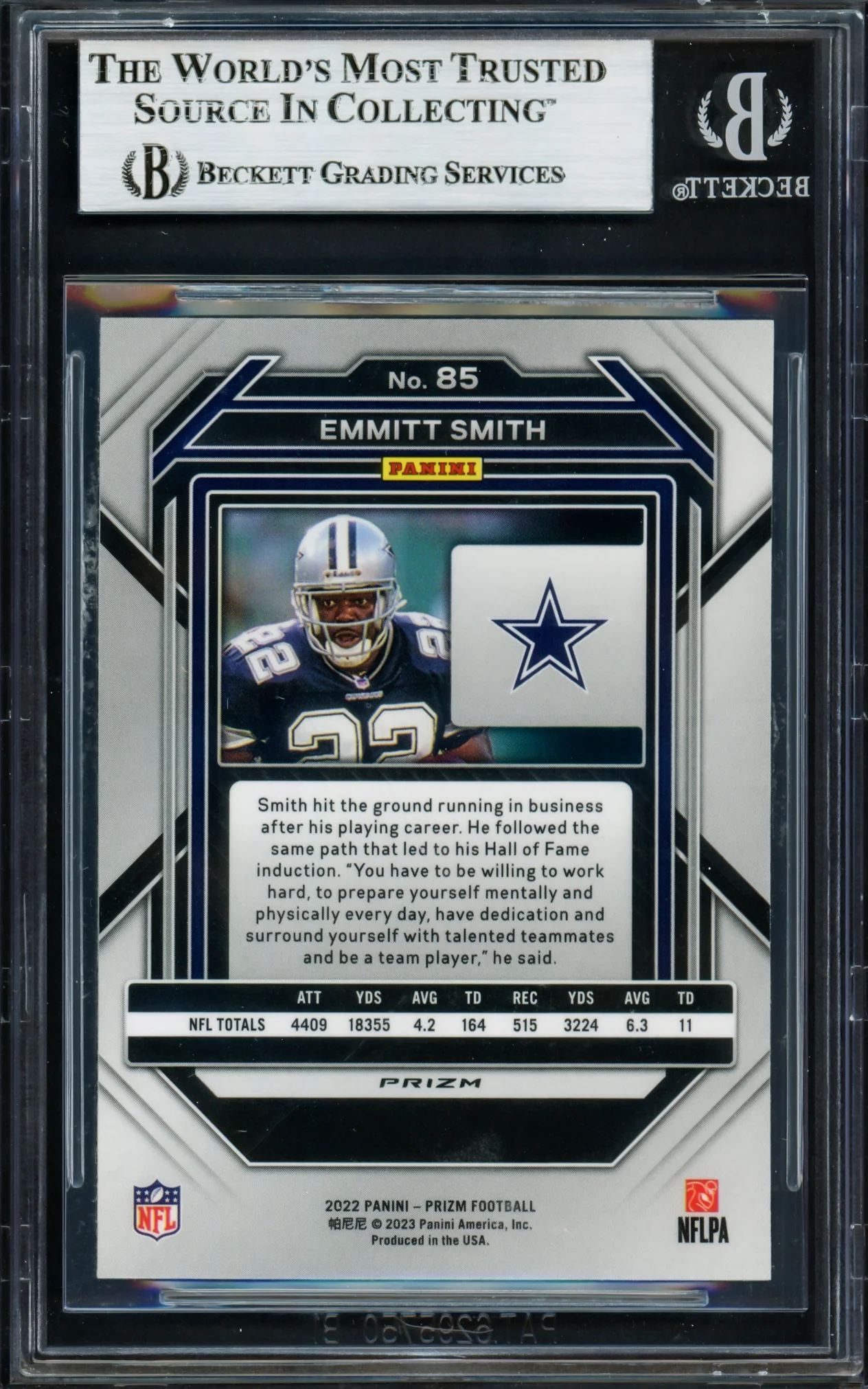 Emmitt Smith Autographed 2022 Panini Prizm Prizms Light Blue Card #85 Dallas Cowboys Beckett BAS #16900743 - Image 2