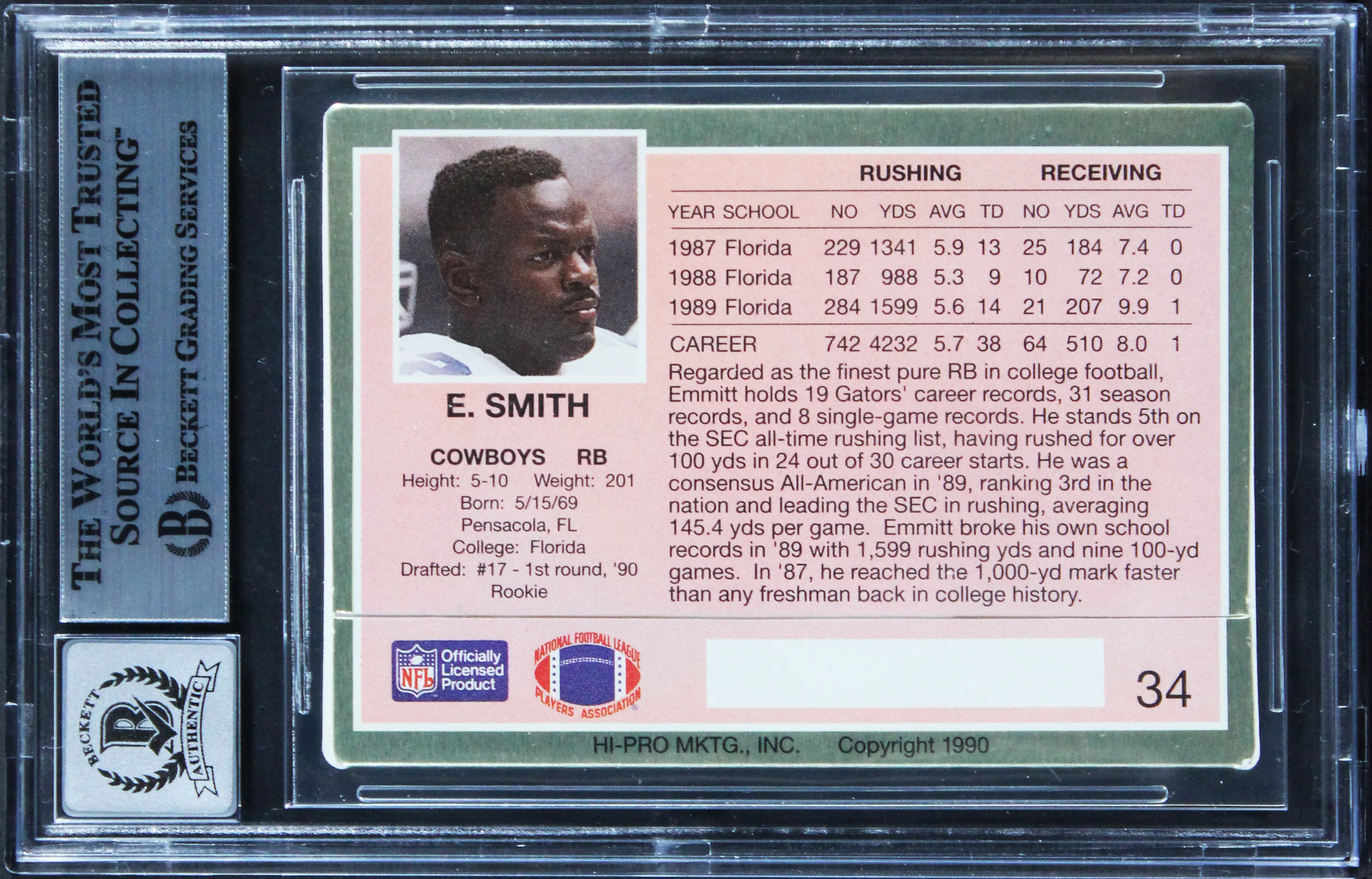 Emmitt Smith Signed 1990 Action Packed Rookie Update #34 Card Auto 10! BAS Slab - Image 3