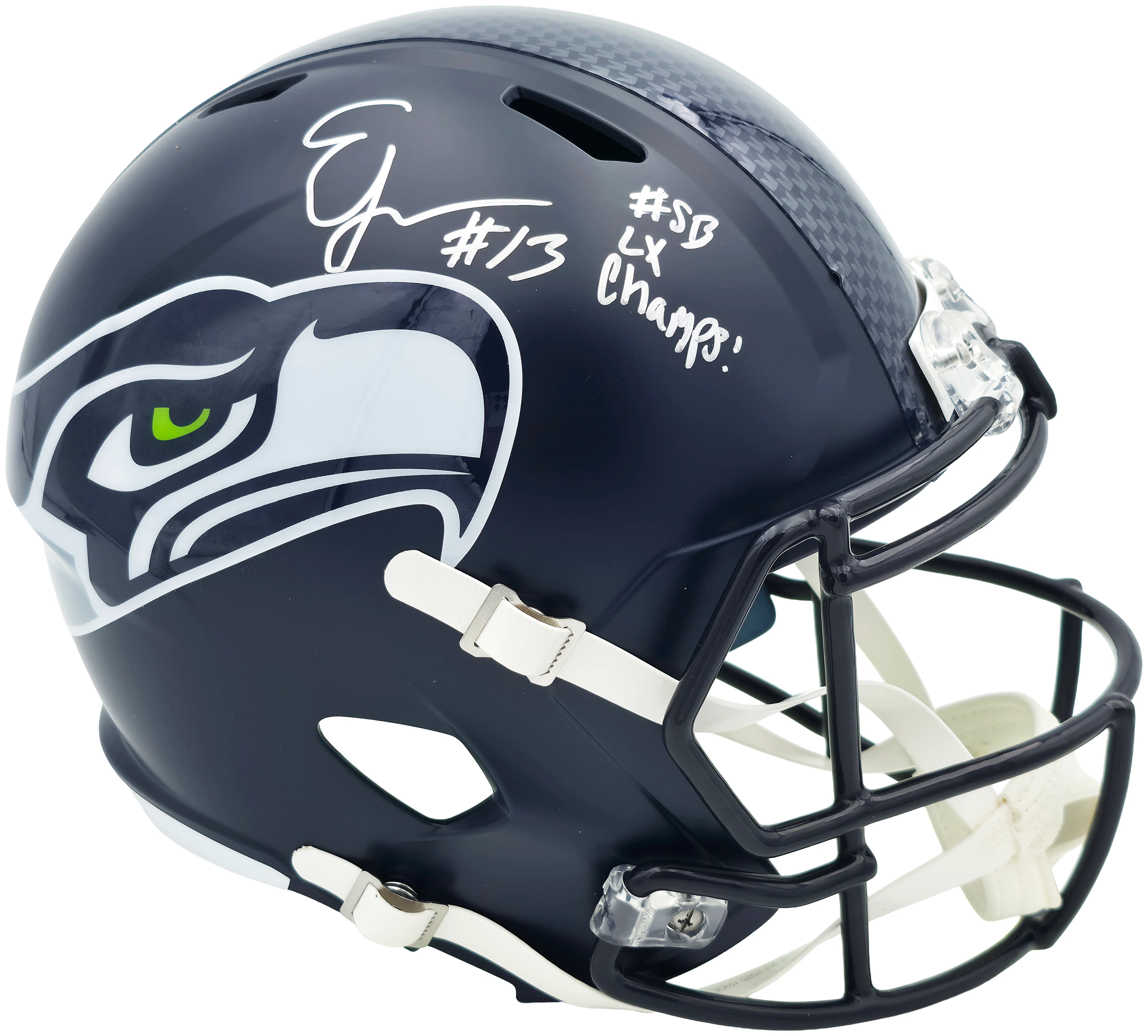 Ernest Jones IV Autographed Seattle Seahawks Blue Full Size Super Bowl LX Champions Logo Speed Replica Helmet "SB LX Champs" MCS Holo Stock #262471