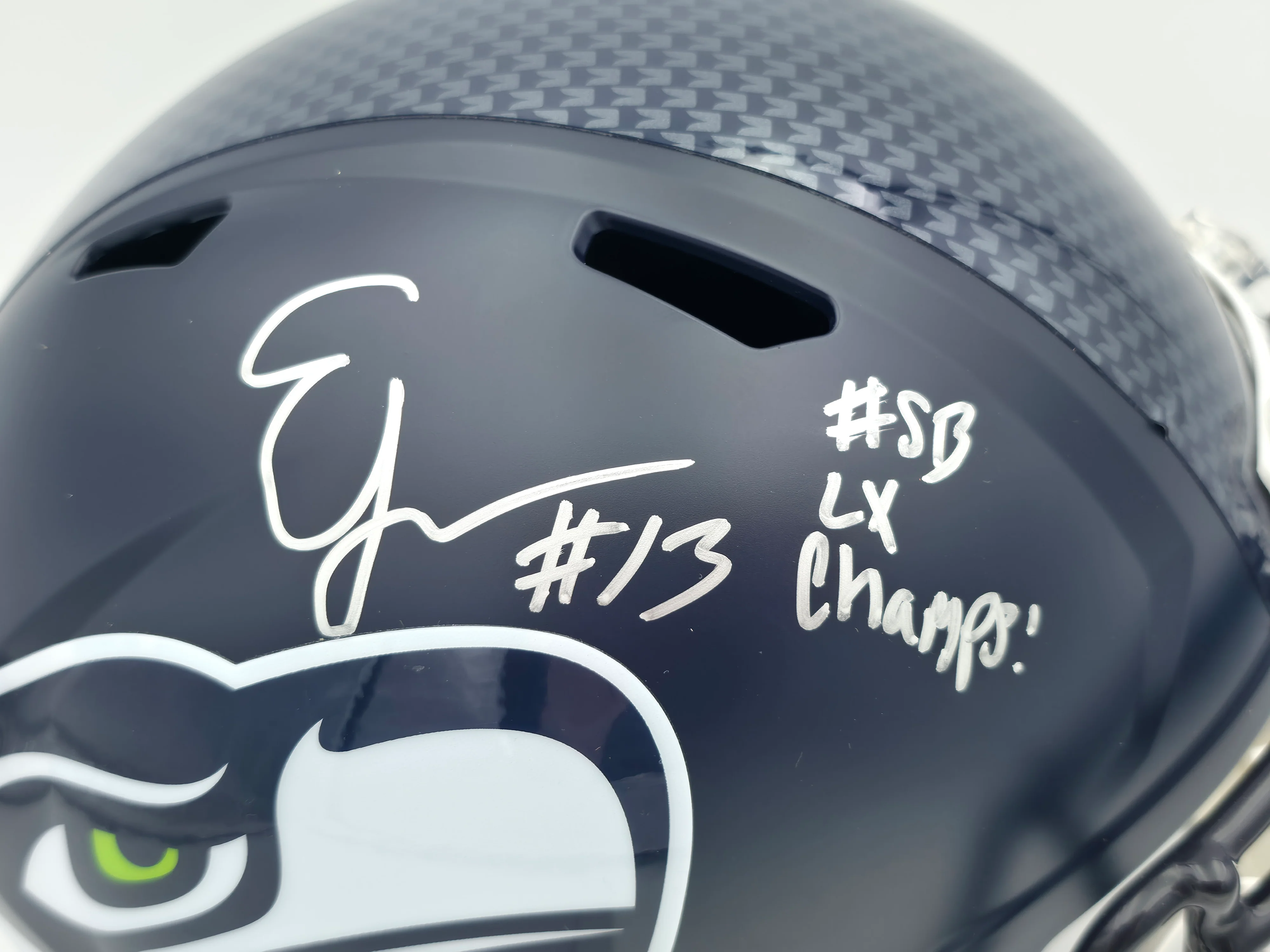 Ernest Jones IV Autographed Seattle Seahawks Blue Full Size Super Bowl LX Champions Logo Speed Replica Helmet "SB LX Champs" MCS Holo Stock #262471 - Image 2