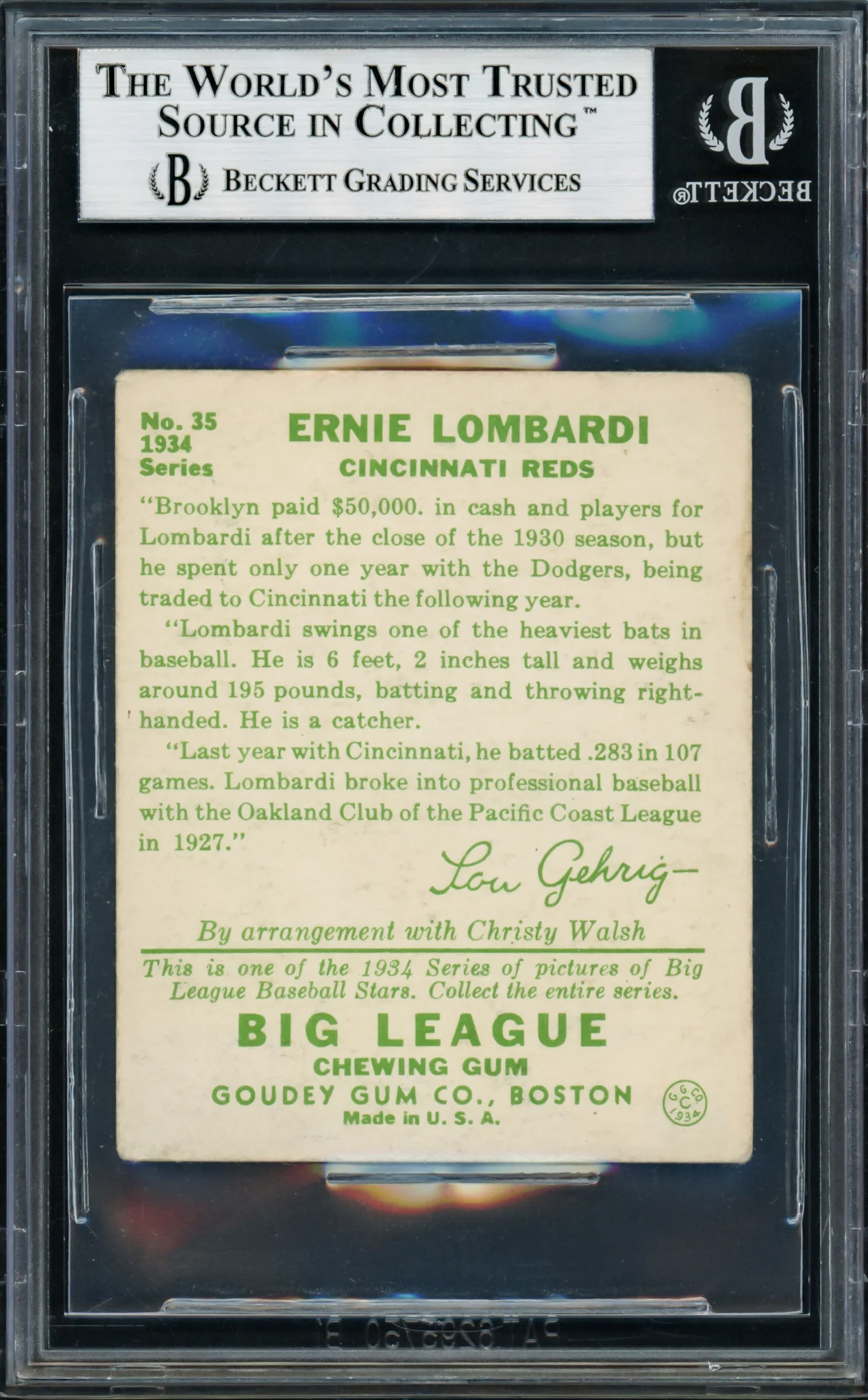 Ernie Lombardi Autographed 1934 Goudey Rookie Card #35 Cincinnati Reds Beckett BAS #13889678 - Image 2