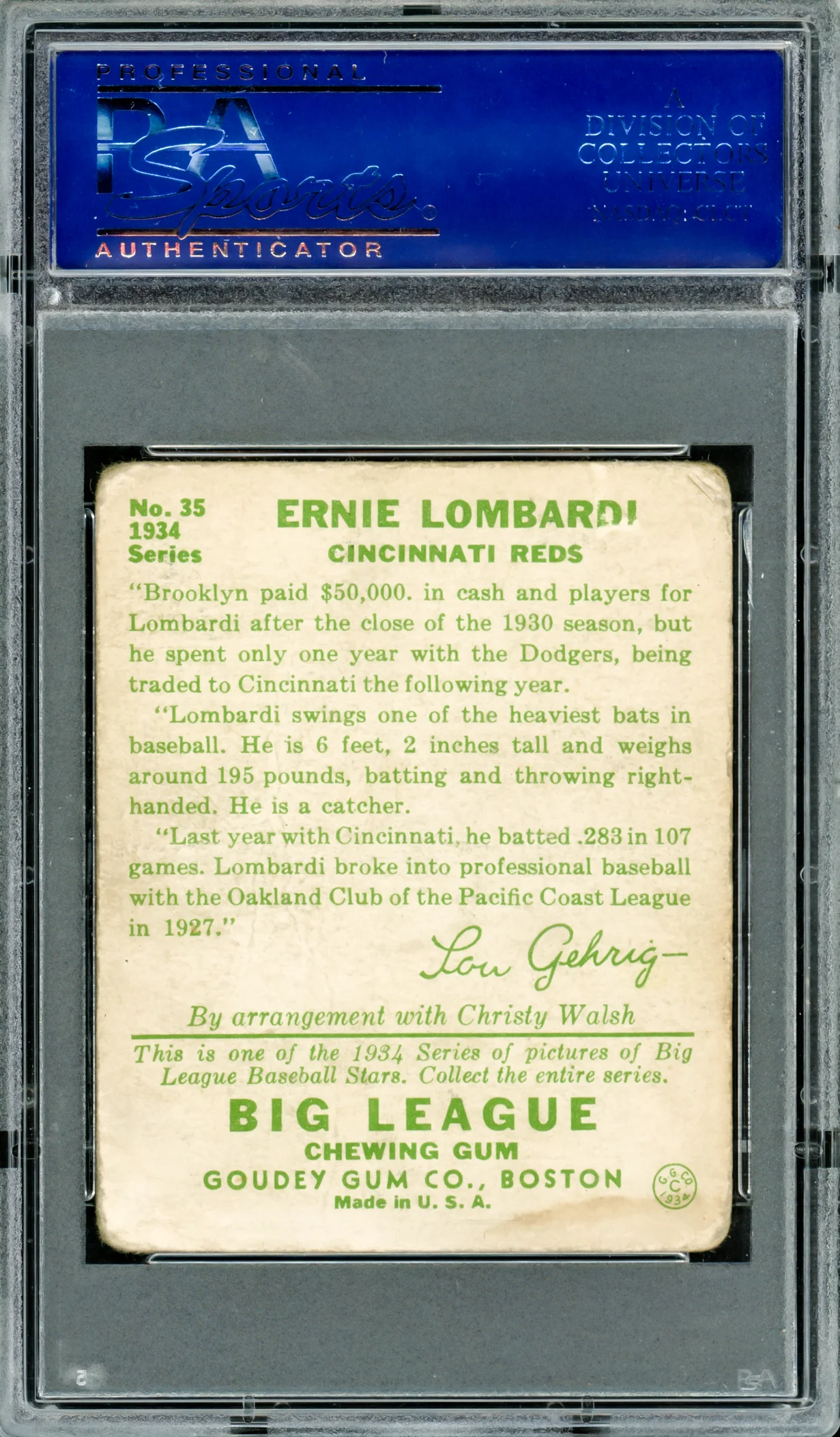 Ernie Lombardi Autographed 1934 Goudey Rookie Card #35 Cincinnati Reds PSA/DNA #14139225 - Image 2
