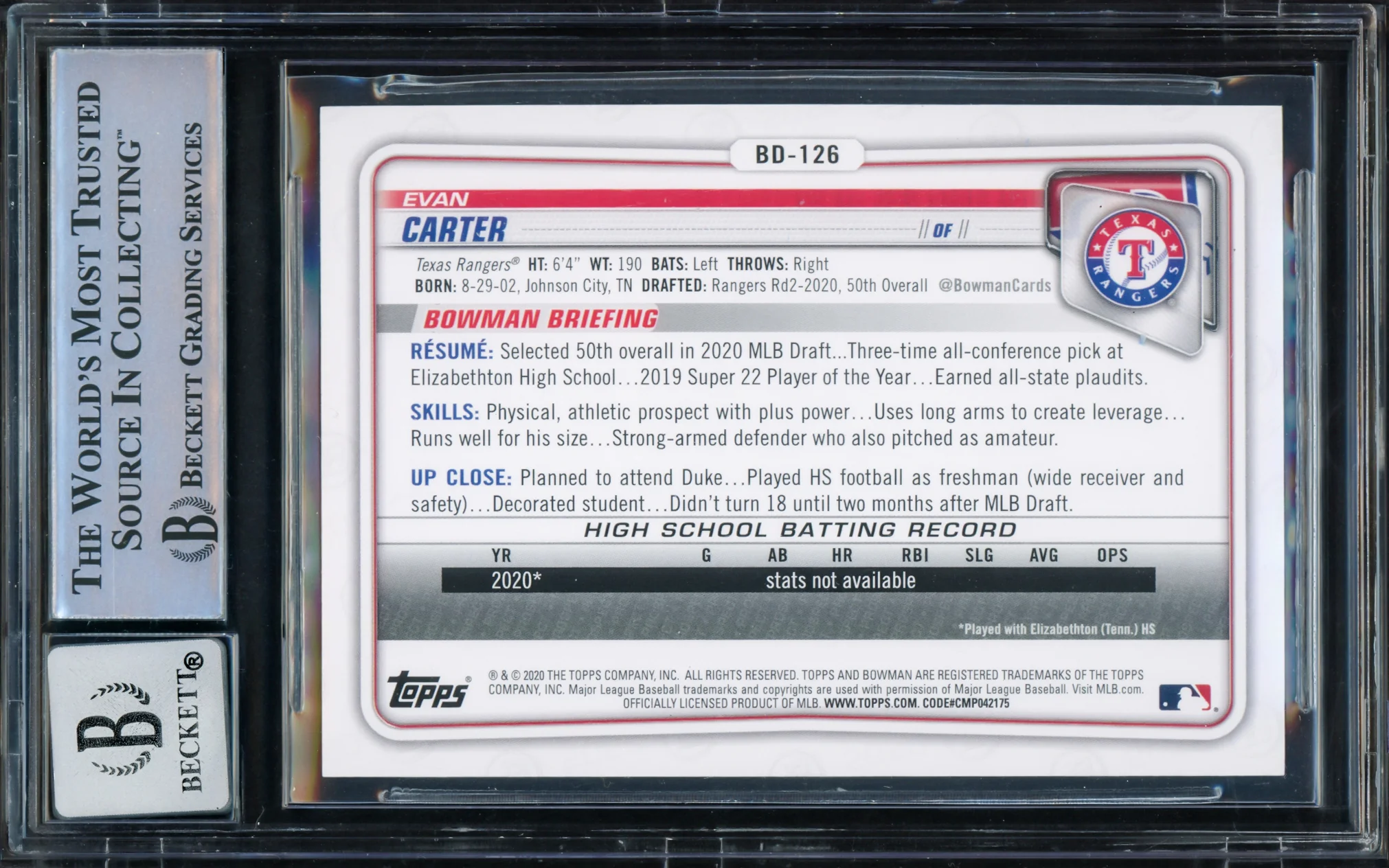 Evan Carter Autographed 2020 Bowman Draft Rookie Card #BD-126 Texas Rangers Auto Grade Gem Mint 10 Full Name Beckett BAS Stock #218640 - Image 2