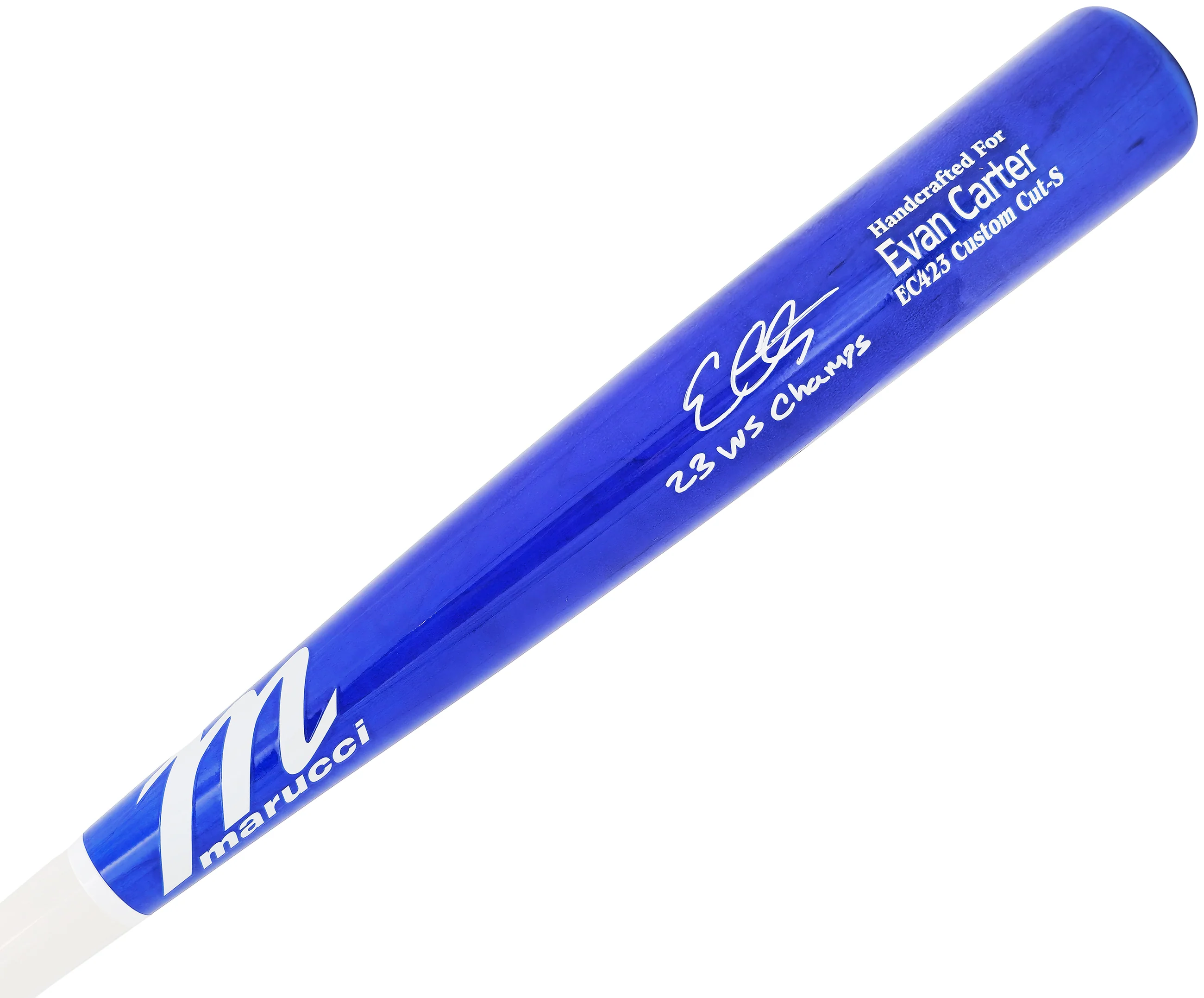 Evan Carter Autographed Blue & White Marucci Player Model Baseball Bat Texas Rangers "23 WS Champs" Beckett BAS Witness Stock #224408 - Image 2