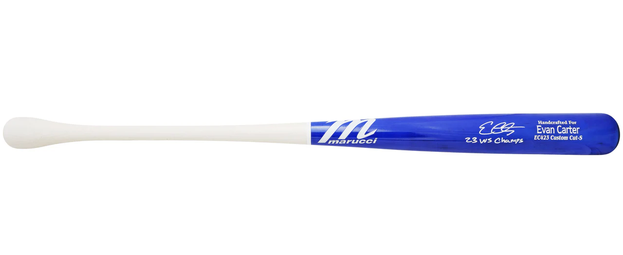 Evan Carter Autographed Blue & White Marucci Player Model Baseball Bat Texas Rangers "23 WS Champs" Beckett BAS Witness Stock #224408 - Image 3