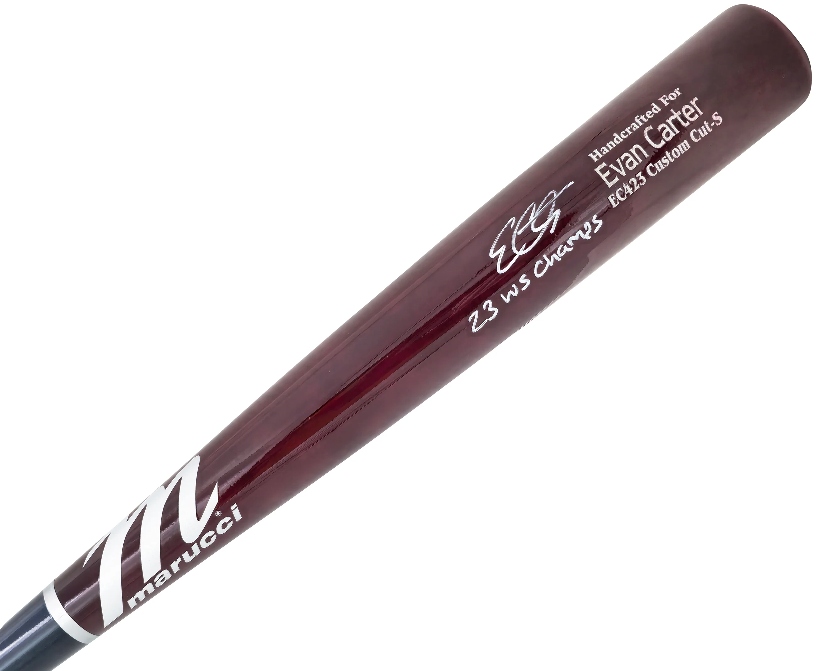Evan Carter Autographed Maroon & Navy Marucci Player Model Baseball Bat Texas Rangers "23 WS Champs" Beckett BAS Witness Stock #224409 - Image 2