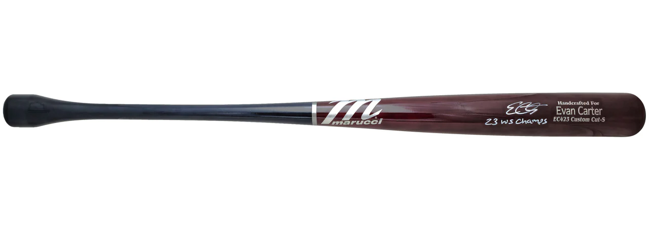 Evan Carter Autographed Maroon & Navy Marucci Player Model Baseball Bat Texas Rangers "23 WS Champs" Beckett BAS Witness Stock #224409 - Image 3