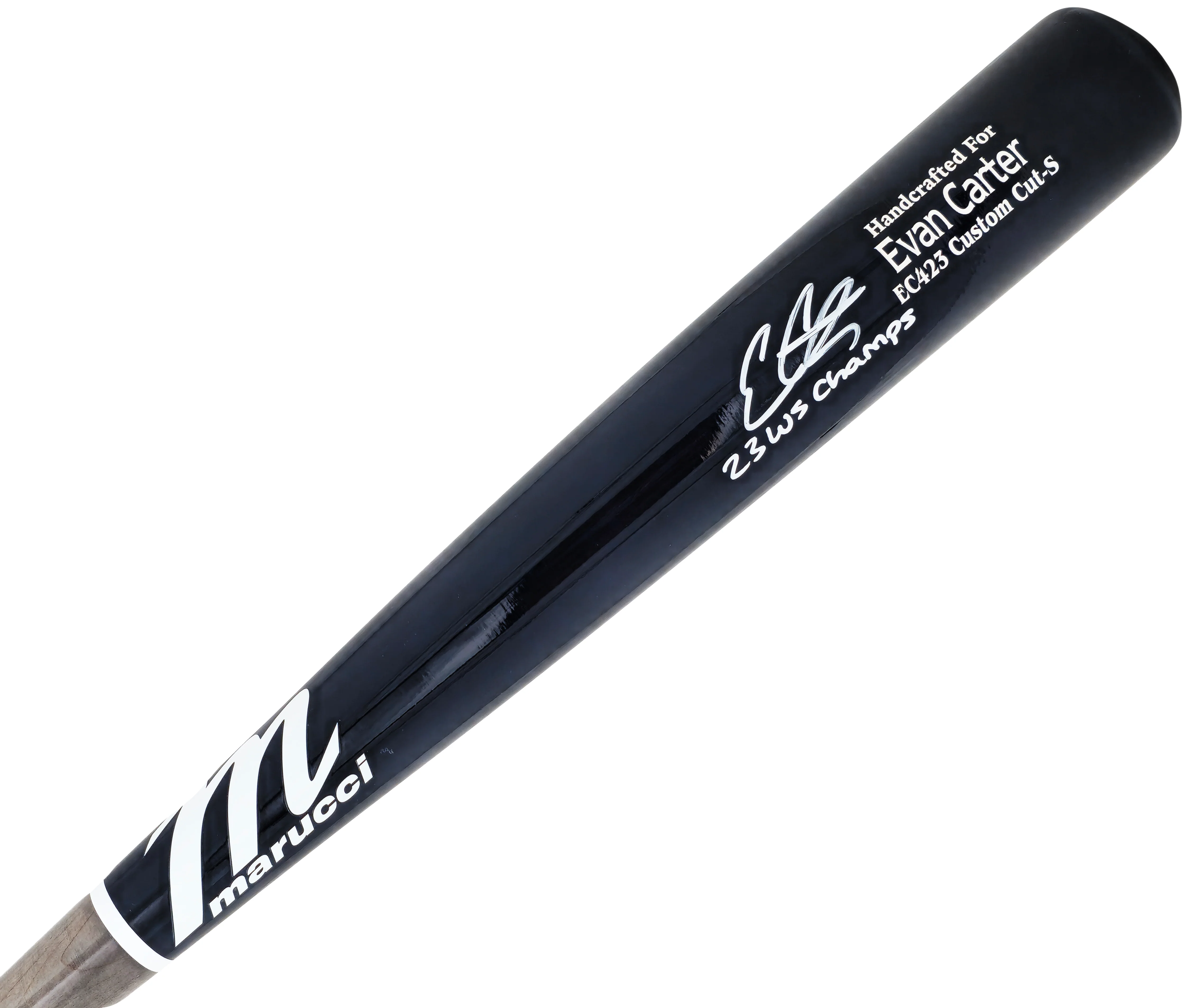 Evan Carter Autographed Navy/Grey Marucci Player Model Bat Texas Rangers "23 WS Champs" Beckett BAS Witness Stock #221364 - Image 2