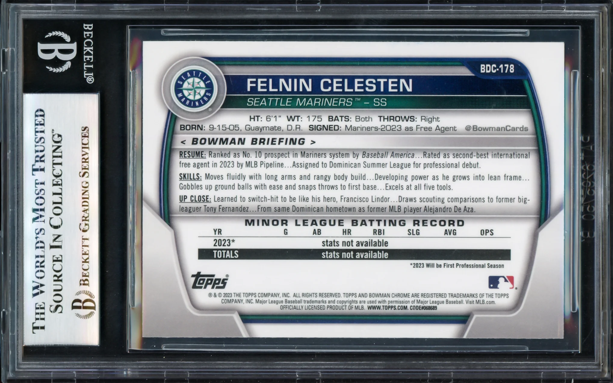 Felnin Celesten Autographed 2023 Bowman Chrome Draft Rookie Card #BDC178 Seattle Mariners Beckett BAS #17068939 - Image 2