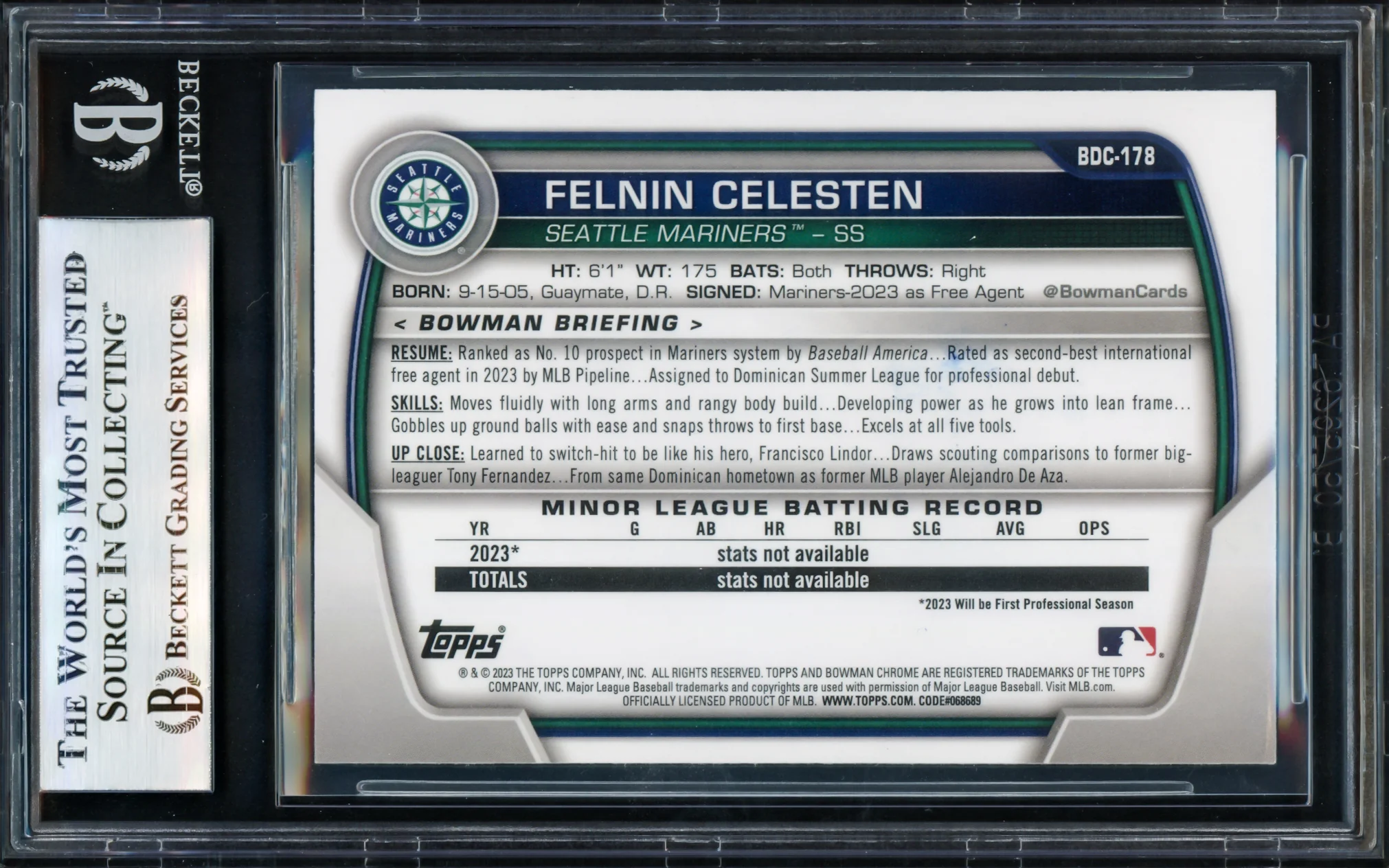 Felnin Celesten Autographed 2023 Bowman Chrome Draft Rookie Card #BDC178 Seattle Mariners Beckett BAS #17068940 - Image 2