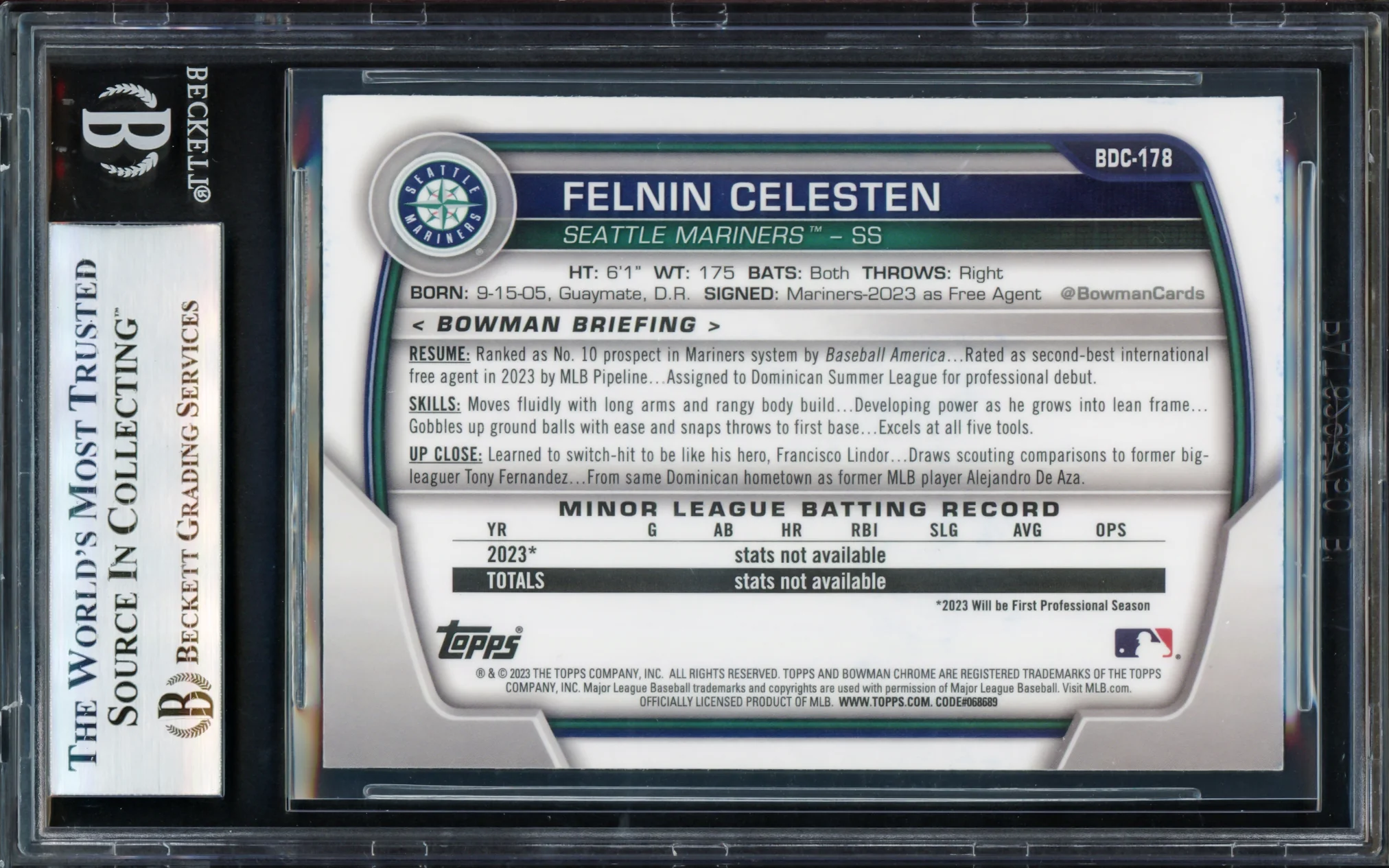 Felnin Celesten Autographed 2023 Bowman Chrome Draft Rookie Card #BDC178 Seattle Mariners Beckett BAS #17068942 - Image 4