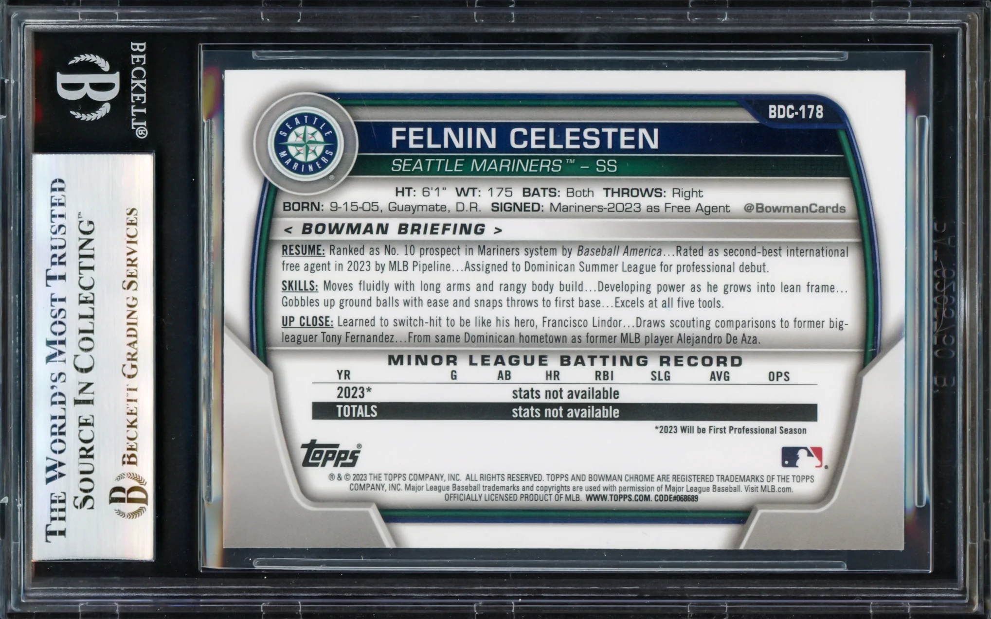 Felnin Celesten Autographed 2023 Bowman Chrome Draft Rookie Card #BDC178 Seattle Mariners Beckett BAS #17068943 - Image 4