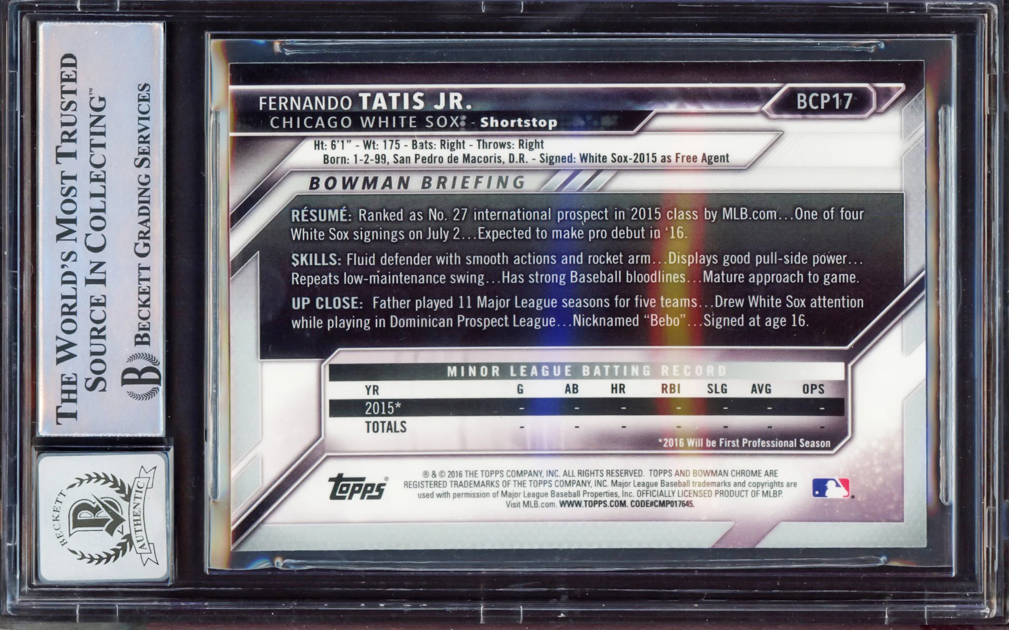 Fernando Tatis Jr. Autographed 2016 Bowman Chrome Prospect Rookie Card #BCP17 San Diego Padres Auto Grade Gem Mint 10 Beckett BAS Stock #212272 - Image 2