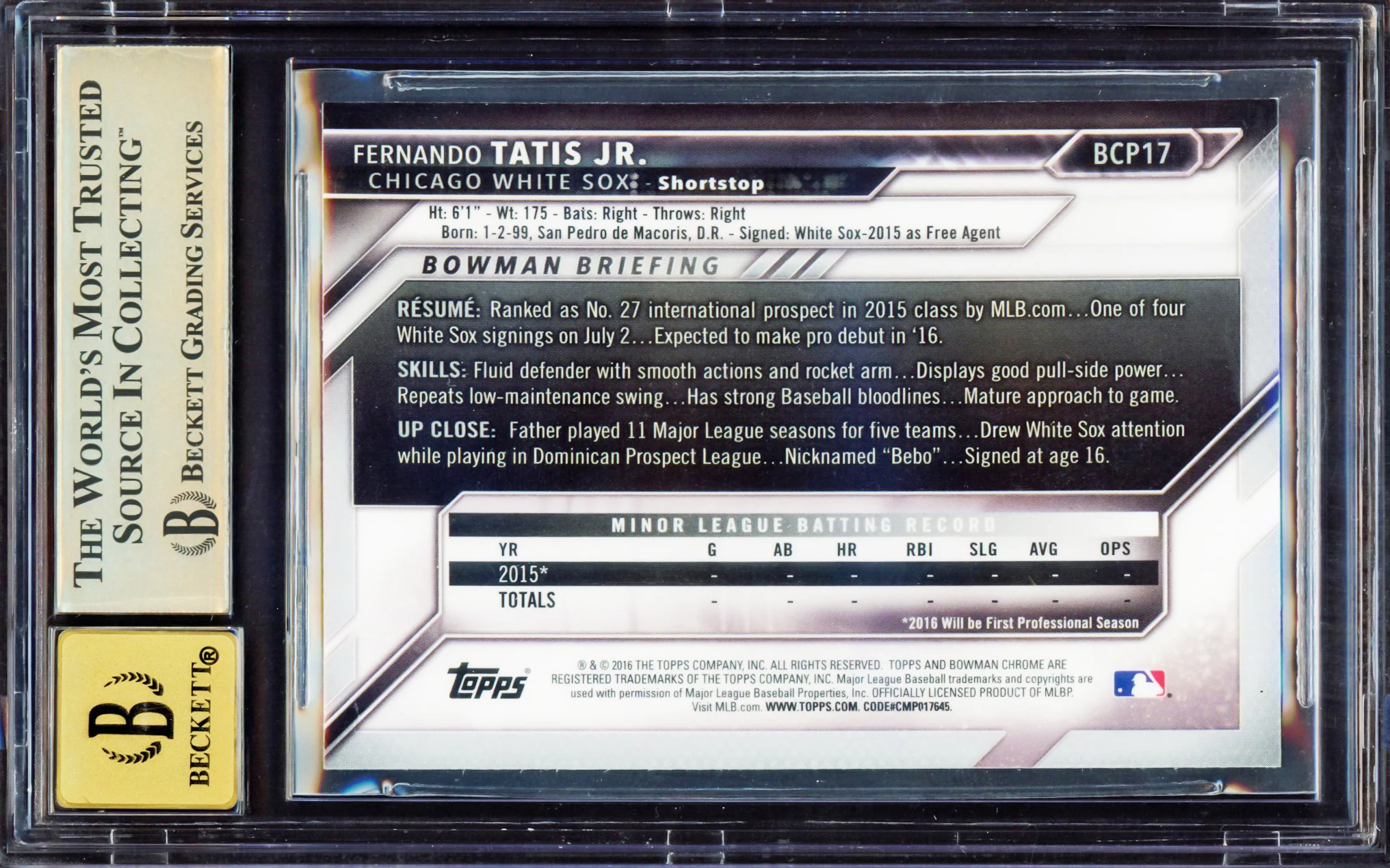 Fernando Tatis Jr. Autographed 2016 Bowman Chrome Prospect Rookie Card #BCP17 San Diego Padres BGS 9.5 Auto Grade Gem Mint 10 Highest Graded Beckett BAS #15349976 - Image 2