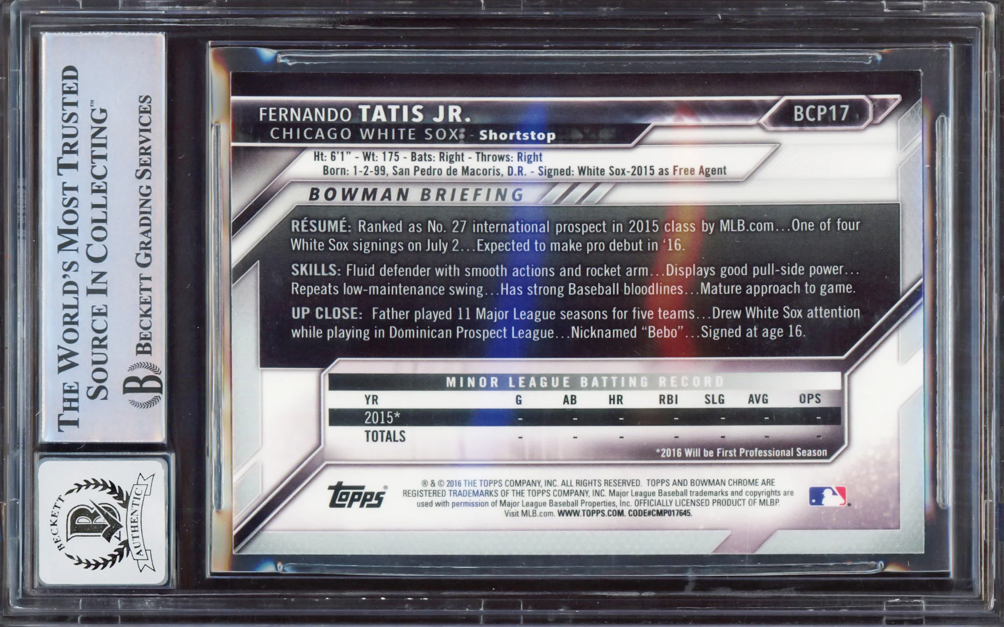 Fernando Tatis Jr. Autographed 2016 Bowman Chrome Prospect Rookie Card #BCP17 San Diego Padres BGS 9 Auto Grade Gem Mint 10 Beckett BAS #15350399 - Image 2