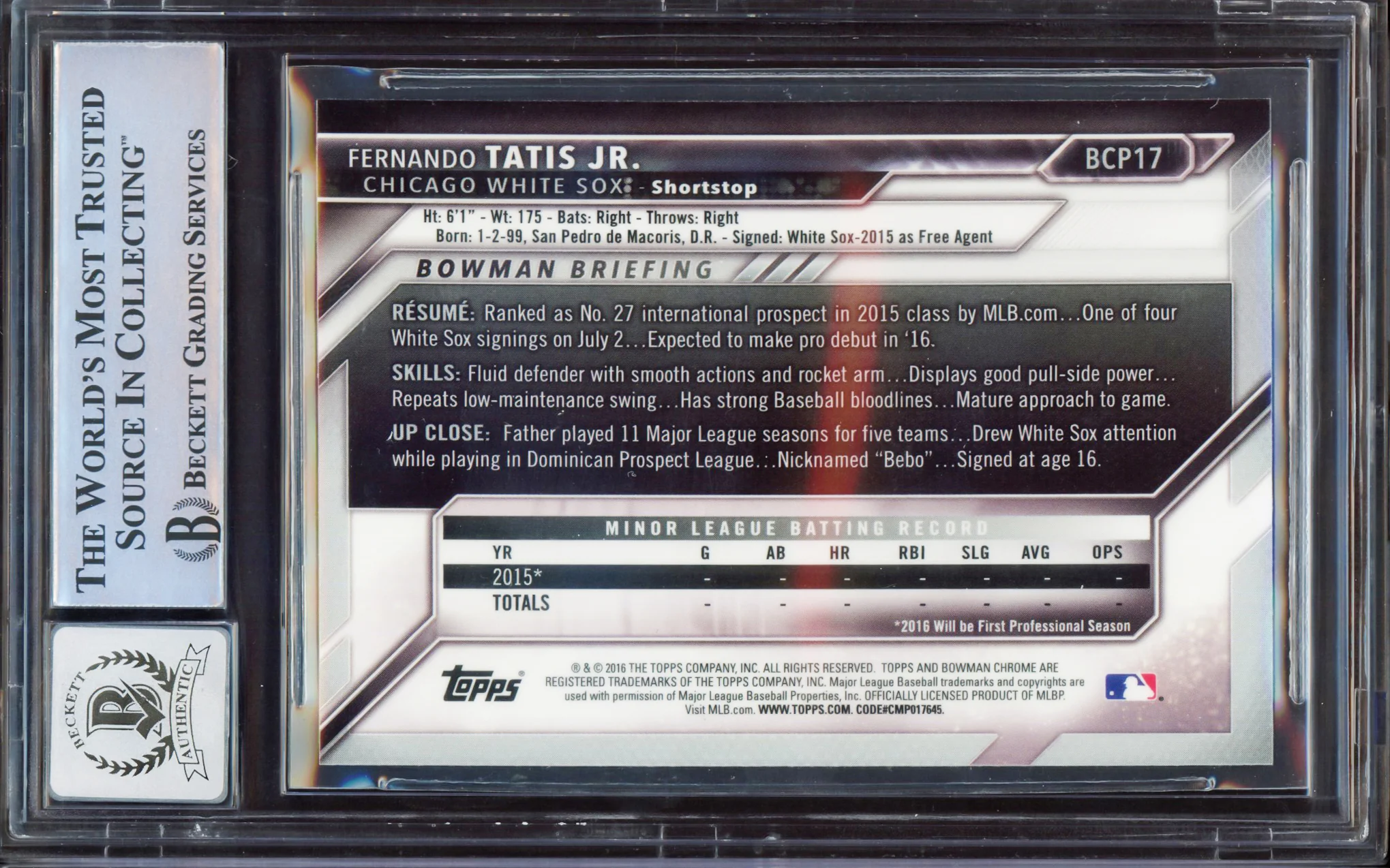 Fernando Tatis Jr. Autographed 2016 Bowman Chrome Prospect Rookie Card #BCP17 San Diego Padres BGS 9 Auto Grade Gem Mint 10 Beckett BAS #15350400 - Image 2