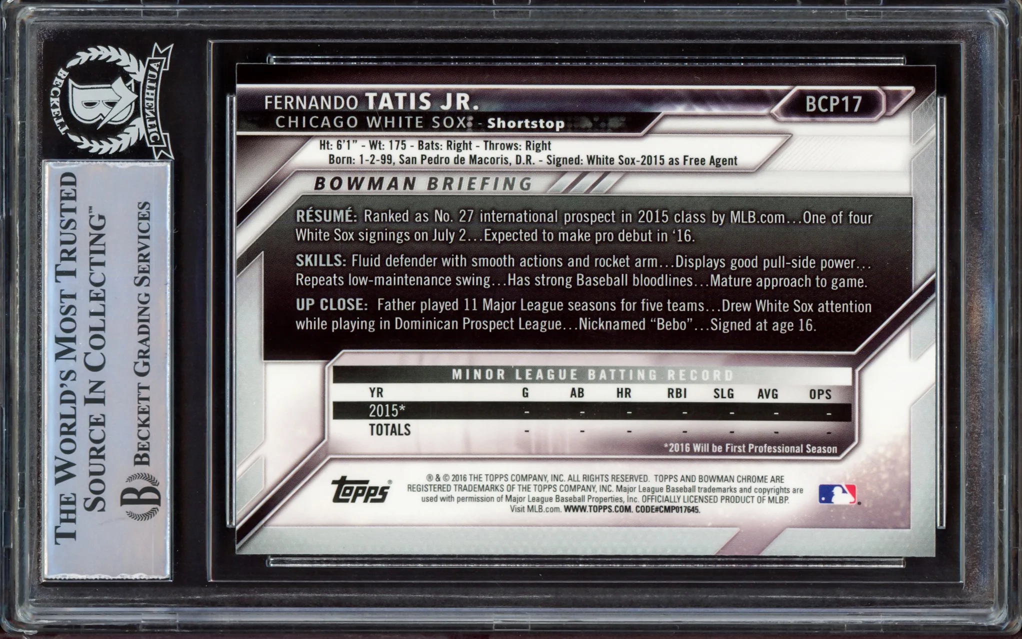 Fernando Tatis Jr. Autographed 2016 Bowman Chrome Prospects Rookie Card #BCP17 San Diego Padres Beckett BAS Stock #213281 - Image 2