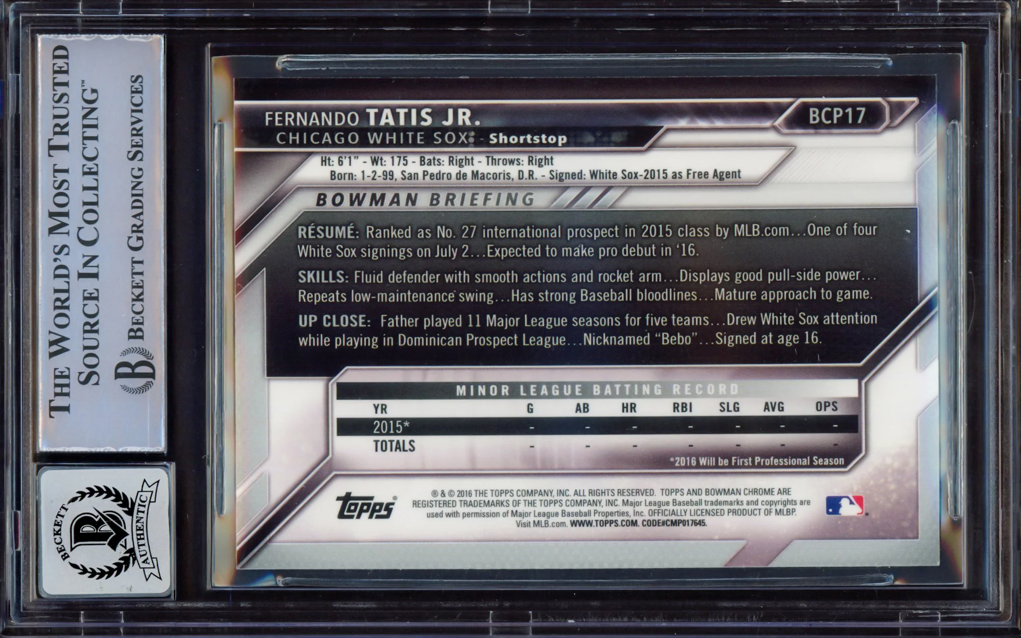 Fernando Tatis Jr. Autographed 2016 Bowman Chrome Prospects Rookie Card #BCP17 San Diego Padres BGS 8.5 Auto Grade Near Mint/Mint 8 Beckett BAS #15469234 - Image 2