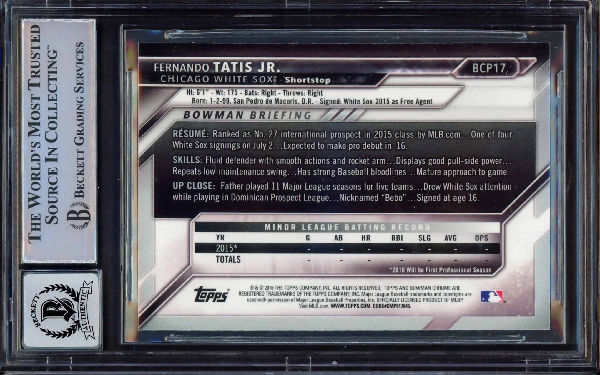 Fernando Tatis Jr. Autographed 2016 Bowman Chrome Prospects Rookie Card #BCP17 San Diego Padres BGS 8.5 Auto Grade Near Mint/Mint 8 Beckett BAS #15469236 - Image 2