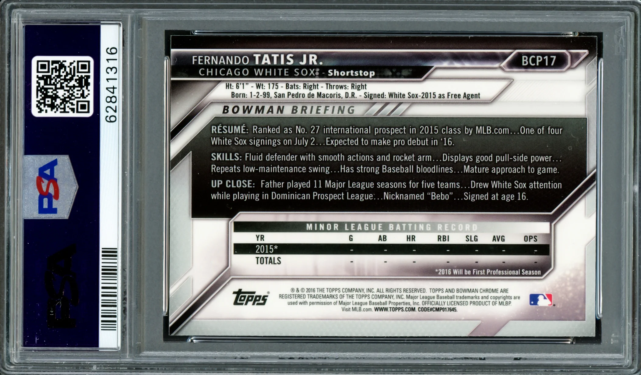 Fernando Tatis Jr. Autographed 2016 Bowman Chrome Prospects Rookie Card #BCP17 San Diego Padres PSA 7 Auto Grade Mint 9 PSA/DNA #62841316 - Image 4