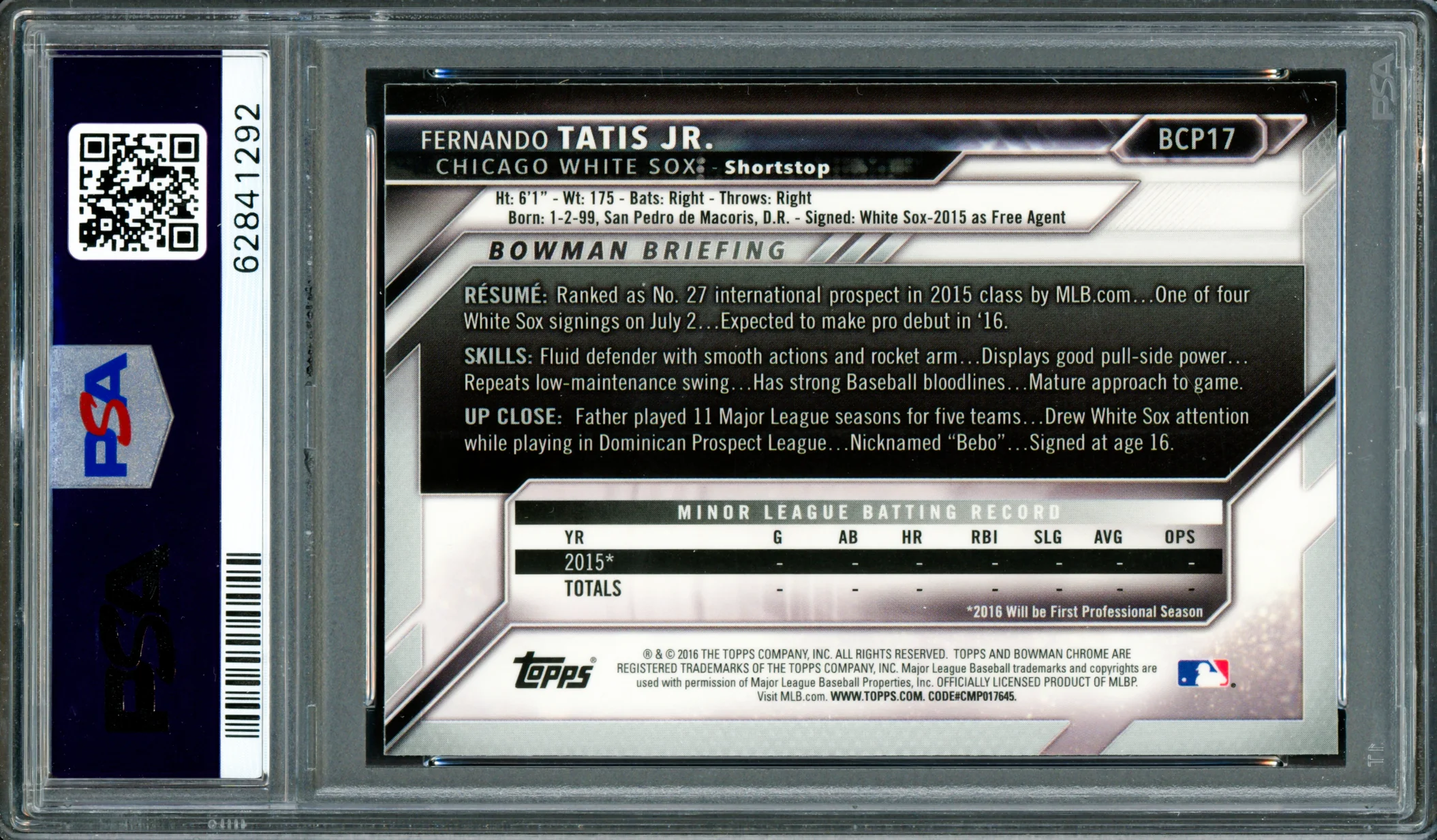 Fernando Tatis Jr. Autographed 2016 Bowman Chrome Rookie Card #BCP17 San Diego Padres PSA 8 Auto Grade Gem Mint 10 PSA/DNA Stock #262011 - Image 2