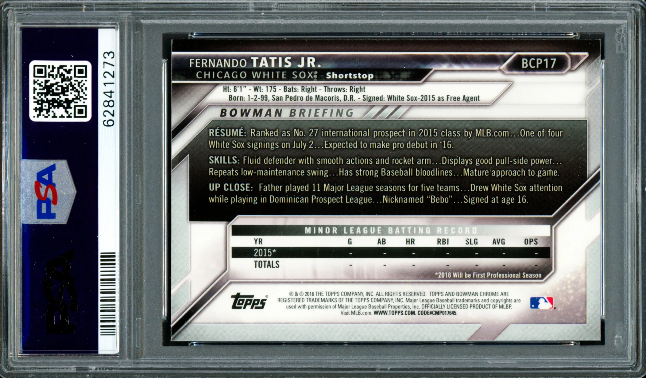 Fernando Tatis Jr. Autographed 2016 Bowman Chrome Rookie Card #BCP17 San Diego Padres PSA 9 Auto Grade Mint 9 PSA/DNA Stock #262010 - Image 2