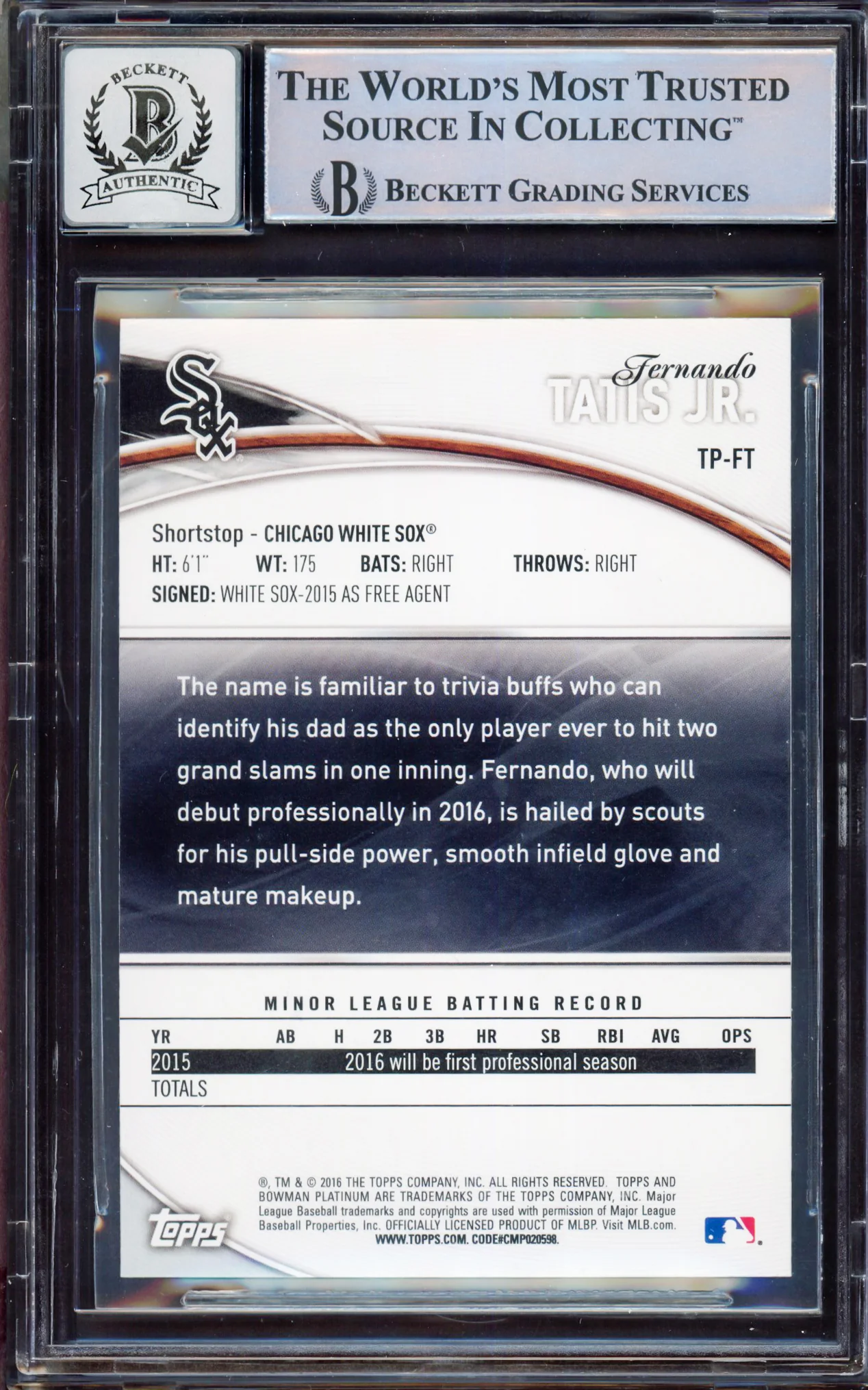 Fernando Tatis Jr. Autographed 2016 Bowman Platinum Rookie Card #TP-FT San Diego Padres BGS 9 Auto Grade Gem Mint 10 Beckett BAS #15350428 - Image 2