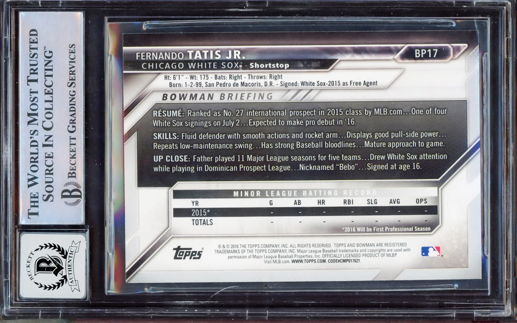 Fernando Tatis Jr. Autographed 2016 Bowman Prospect Rookie Card #BP17 San Diego Padres BGS 8 Auto Grade Gem Mint 10 Beckett BAS #15350663 - Image 2