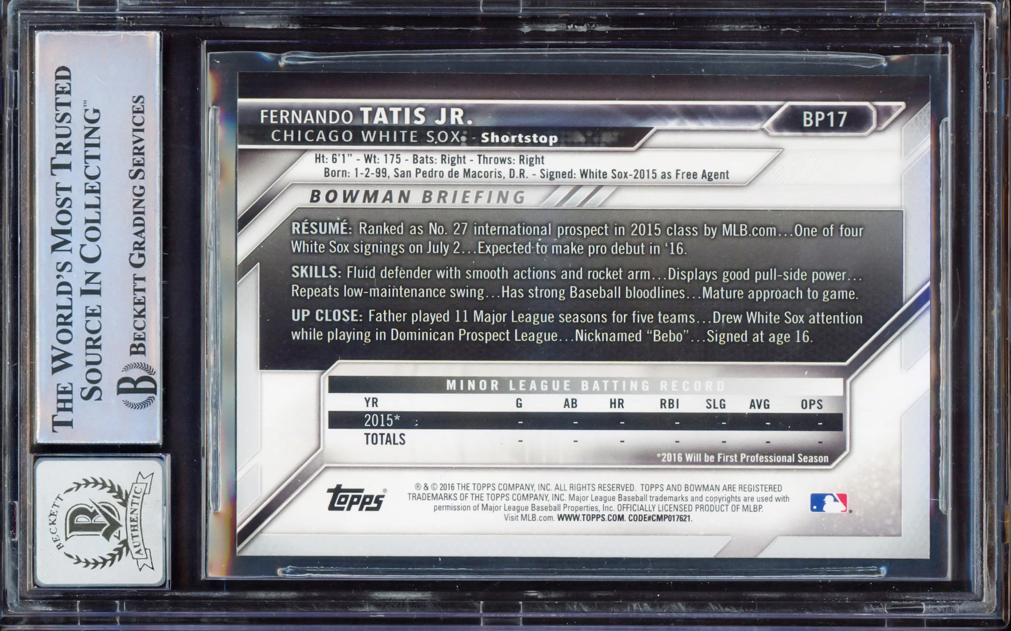 Fernando Tatis Jr. Autographed 2016 Bowman Prospect Rookie Card #BP17 San Diego Padres BGS 8 Auto Grade Gem Mint 10 Beckett BAS #15350664 - Image 2
