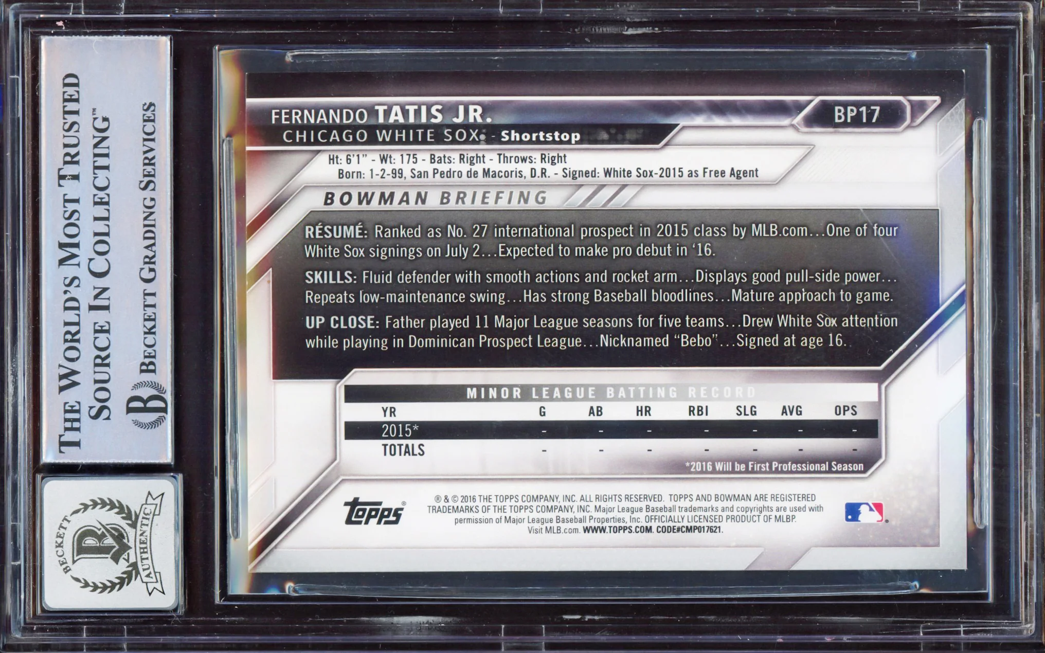 Fernando Tatis Jr. Autographed 2016 Bowman Prospect Yellow Rookie Card #BP17 San Diego Padres BGS 8.5 Auto Grade Gem Mint 10 Beckett BAS Stock #212269 - Image 2