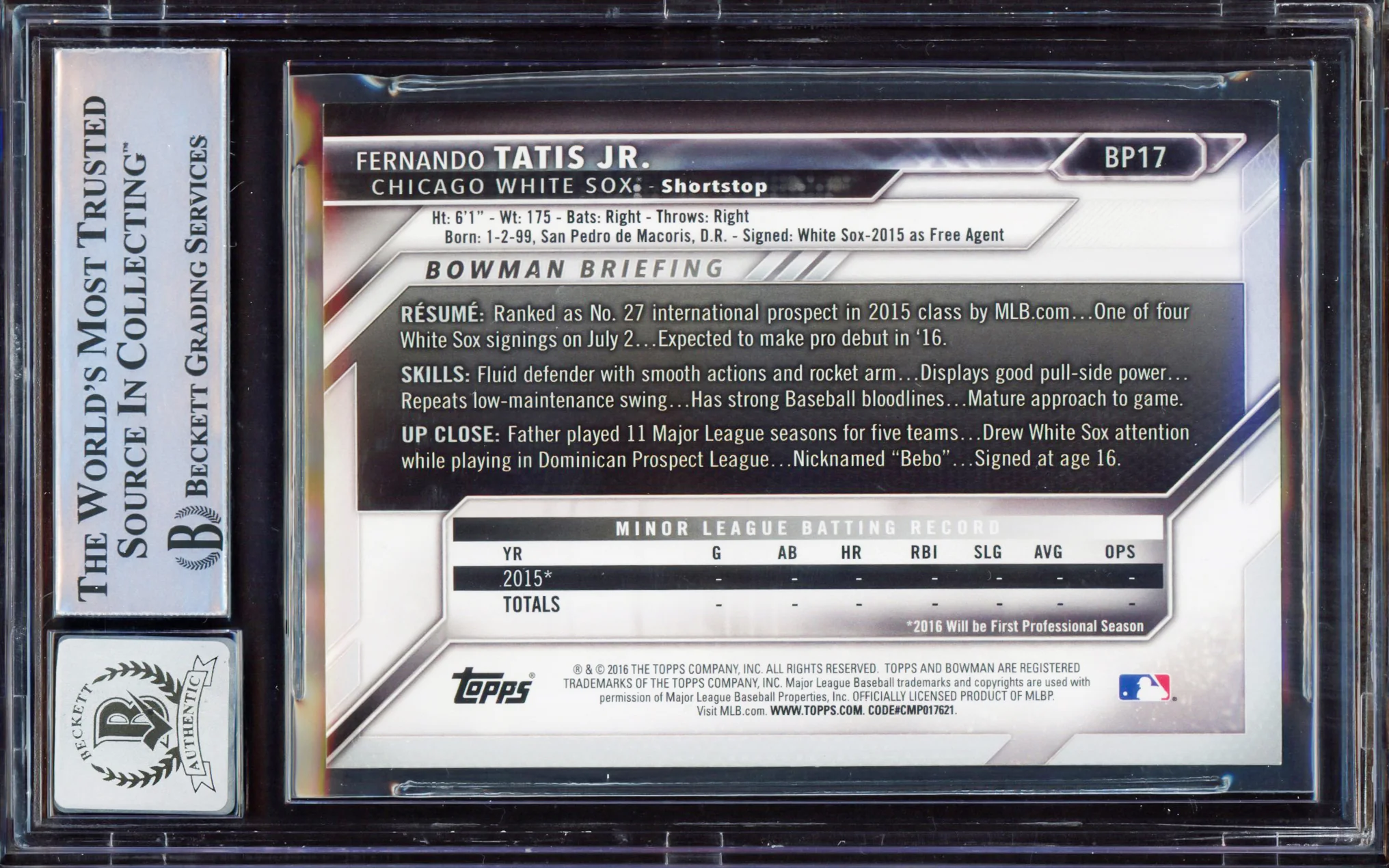 Fernando Tatis Jr. Autographed 2016 Bowman Prospect Yellow Rookie Card #BP17 San Diego Padres BGS 8 Auto Grade Gem Mint 10 Beckett BAS #15350688 - Image 2