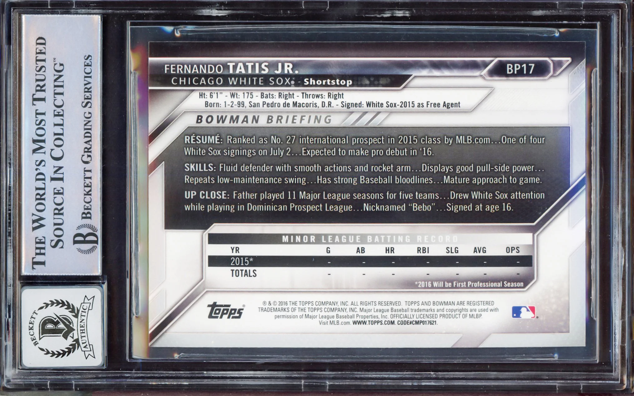 Fernando Tatis Jr. Autographed 2016 Bowman Prospect Yellow Rookie Card #BP17 San Diego Padres BGS 9 Auto Grade Gem Mint 10 Beckett BAS Stock #212268 - Image 2