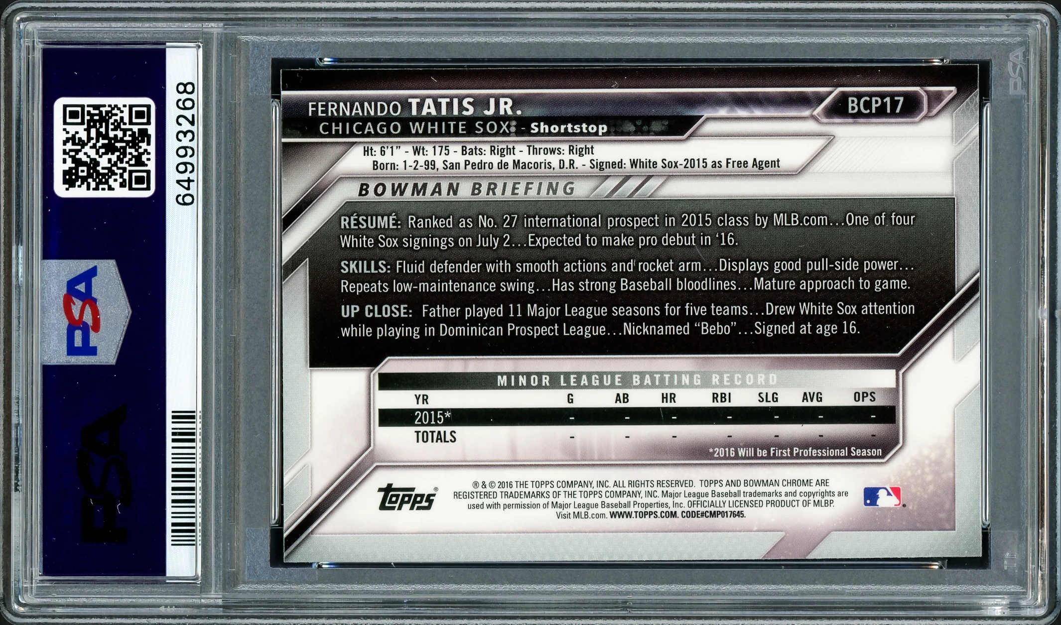 Fernando Tatis Jr. Autographed 2016 Bowman Chrome Prospects Rookie Card #BCP17 San Diego Padres PSA 9 PSA/DNA #64993268 - Image 4