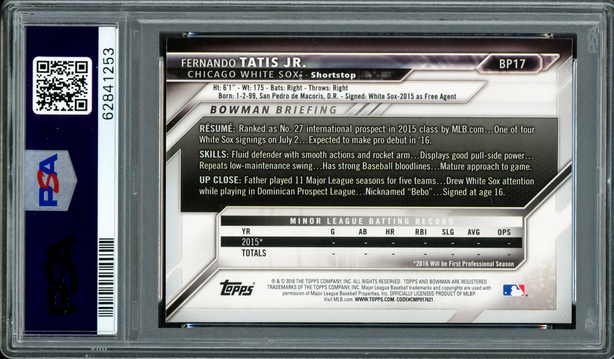 Fernando Tatis Jr. Autographed 2016 Bowman Prospects Rookie Card #BP17 San Diego Padres PSA 10 Auto Grade Gem Mint 10 PSA/DNA #62841253 - Image 2