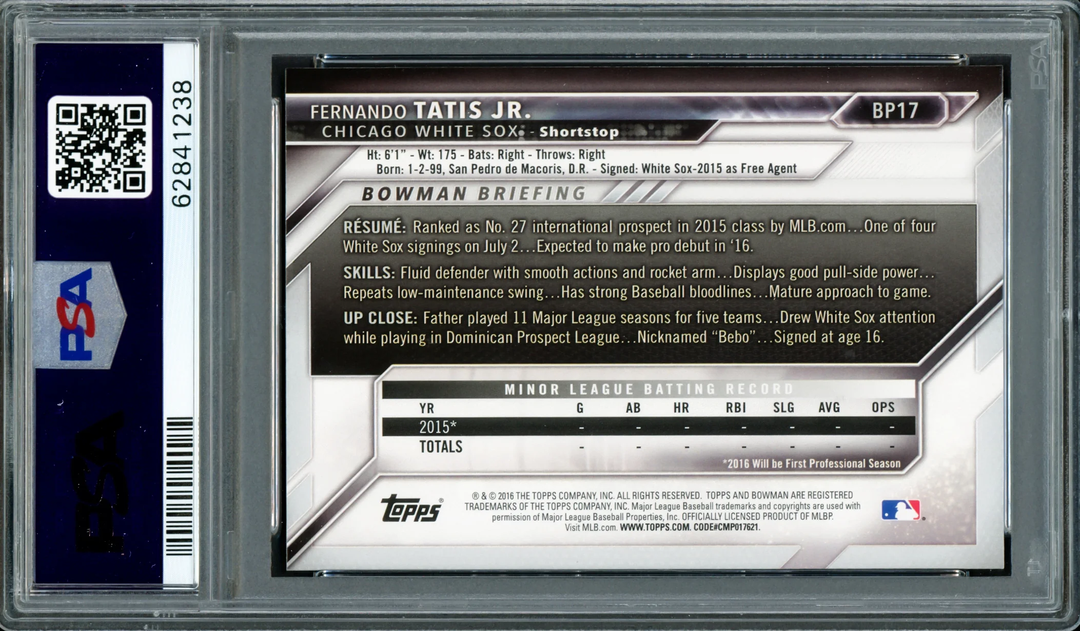 Fernando Tatis Jr. Autographed 2016 Bowman Prospects Rookie Card #BP17 San Diego Padres PSA 10 Auto Grade Mint 9 PSA/DNA #62841238 - Image 2
