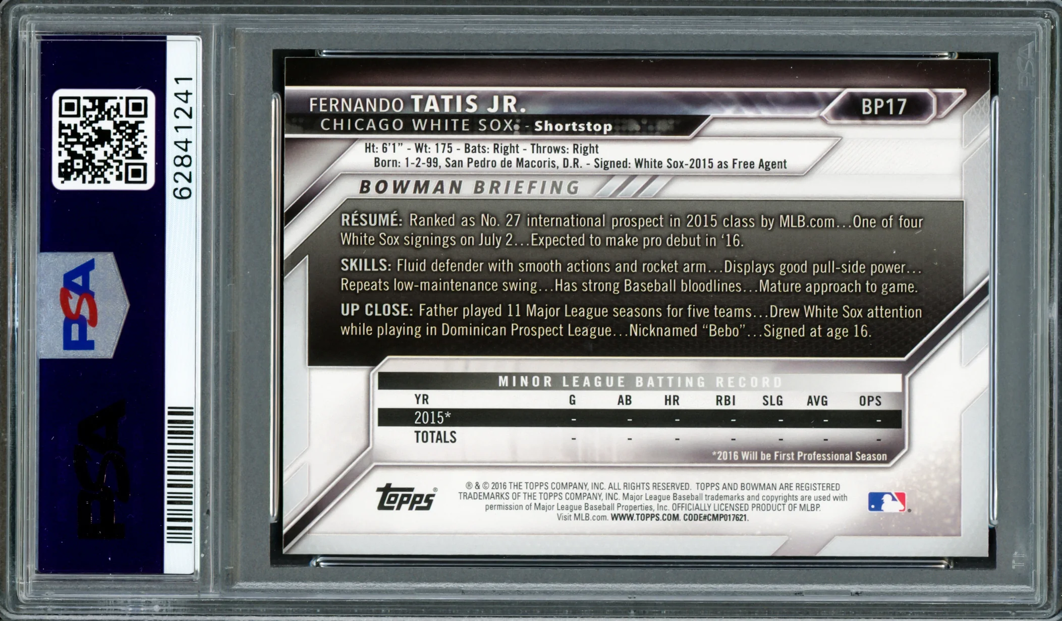 Fernando Tatis Jr. Autographed 2016 Bowman Prospects Rookie Card #BP17 San Diego Padres PSA 10 Auto Grade Mint 9 PSA/DNA #62841241 - Image 2