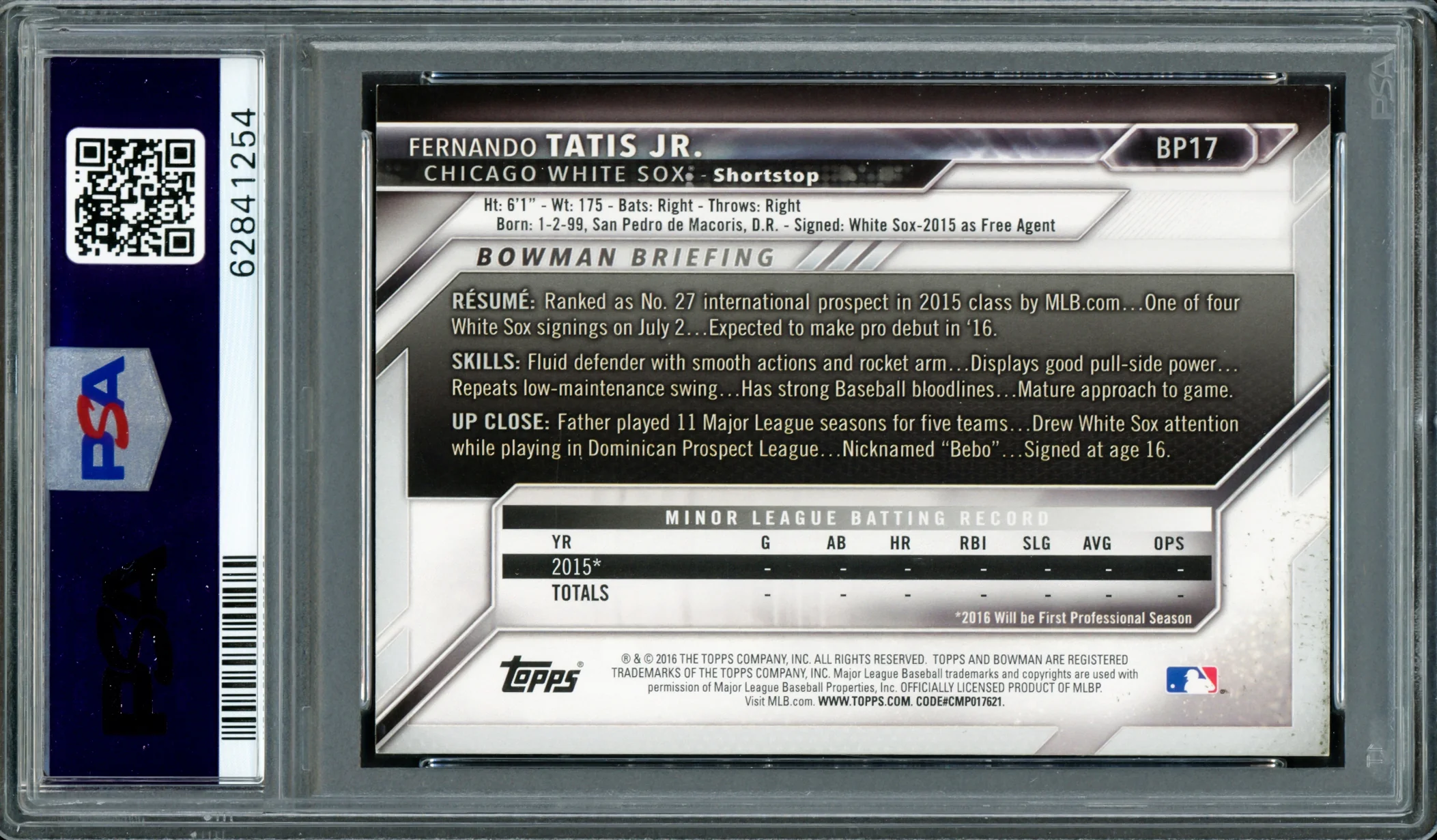 Fernando Tatis Jr. Autographed 2016 Bowman Prospects Rookie Card #BP17 San Diego Padres PSA 7 Auto Grade Gem Mint 10 PSA/DNA Stock #208572 - Image 2