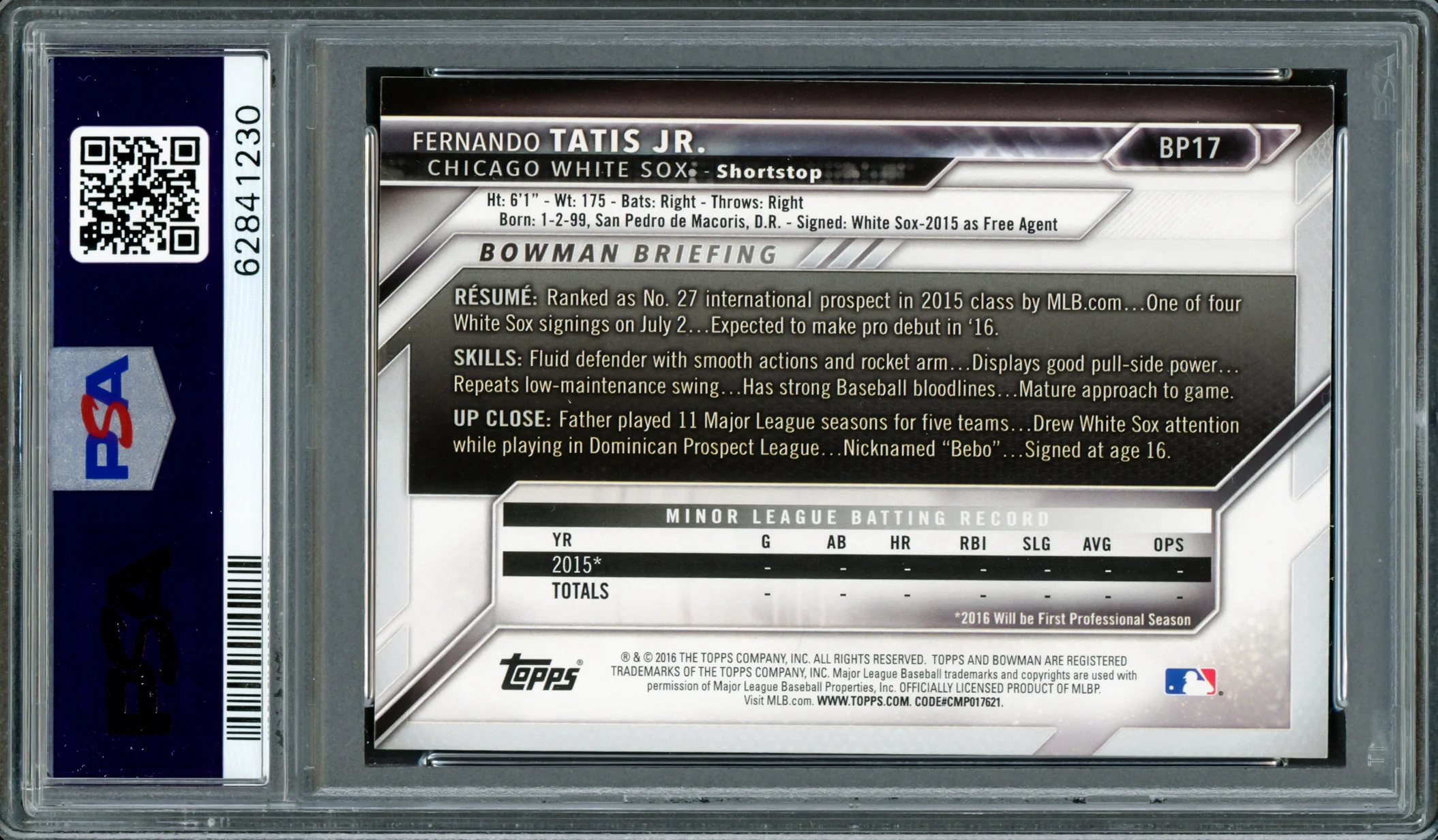 Fernando Tatis Jr. Autographed 2016 Bowman Prospects Rookie Card #BP17 San Diego Padres PSA 8 Auto Grade Gem Mint 10 PSA/DNA Stock #208569 - Image 2